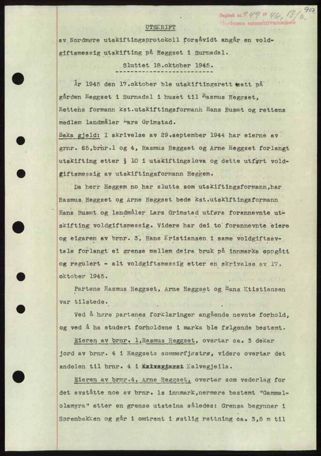 Nordmøre sorenskriveri, AV/SAT-A-4132/1/2/2Ca: Mortgage book no. A100b, 1946-1946, Diary no: : 249/1946