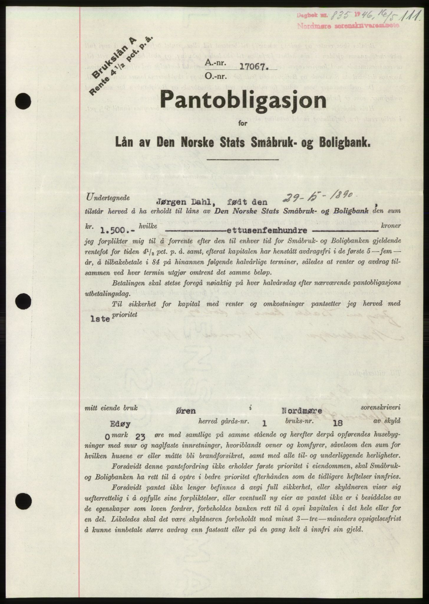 Nordmøre sorenskriveri, AV/SAT-A-4132/1/2/2Ca: Mortgage book no. B94, 1946-1946, Diary no: : 835/1946