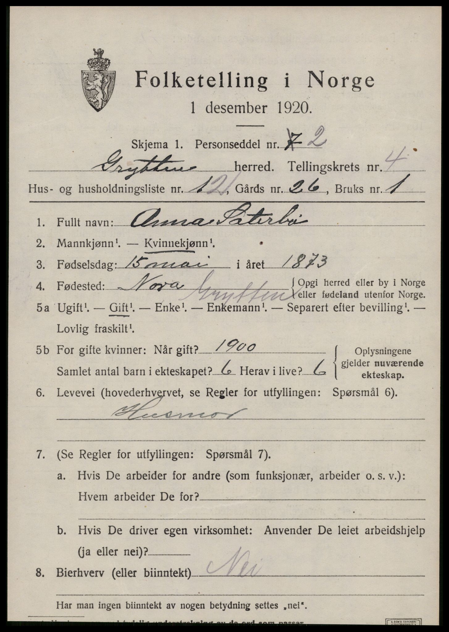 SAT, 1920 census for Grytten, 1920, p. 2790