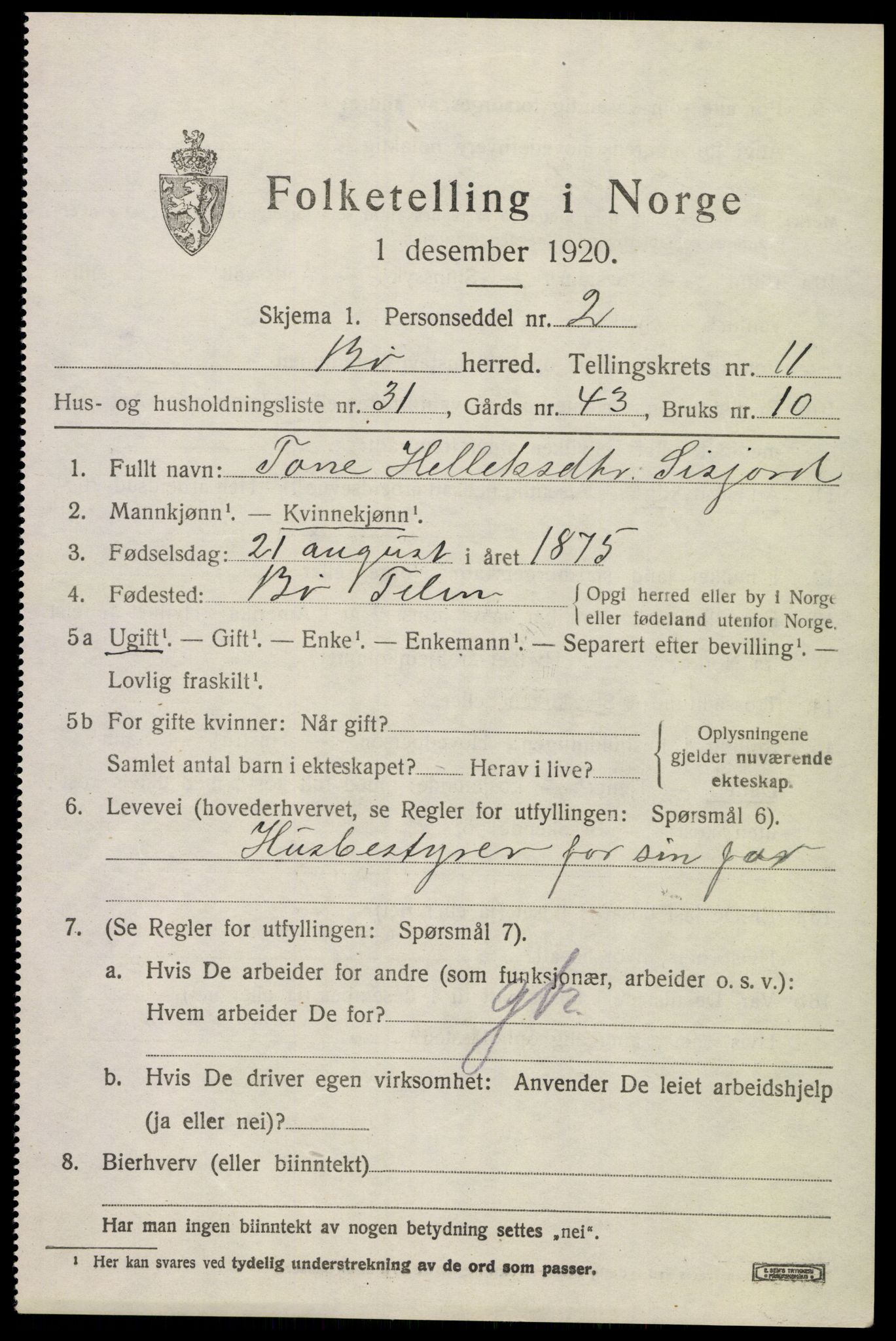 SAKO, 1920 census for Bø (Telemark), 1920, p. 7042