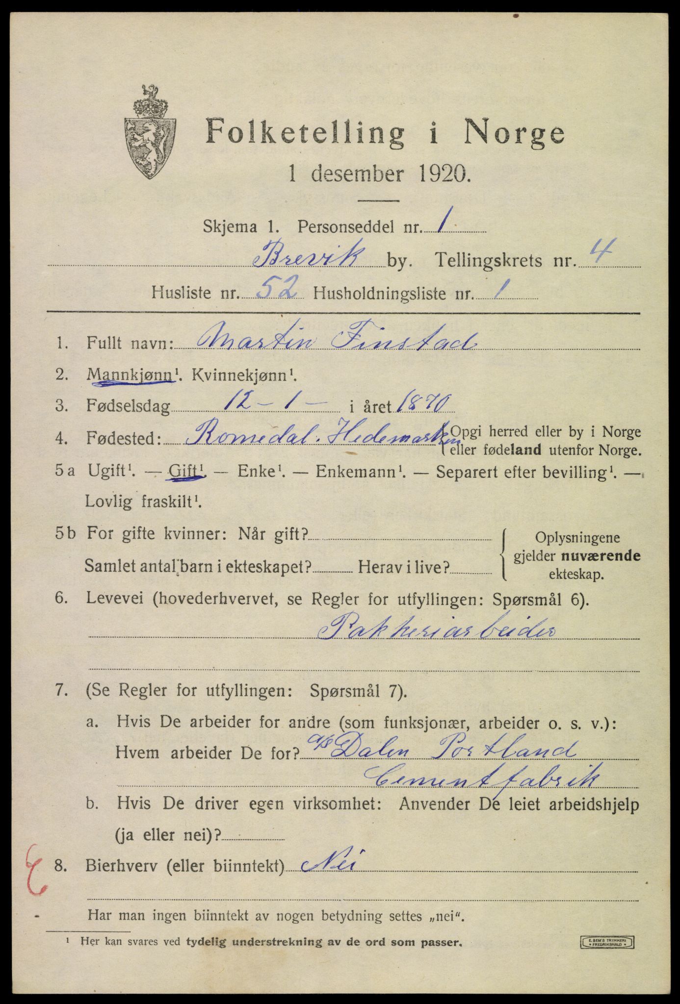 SAKO, 1920 census for Brevik, 1920, p. 6558