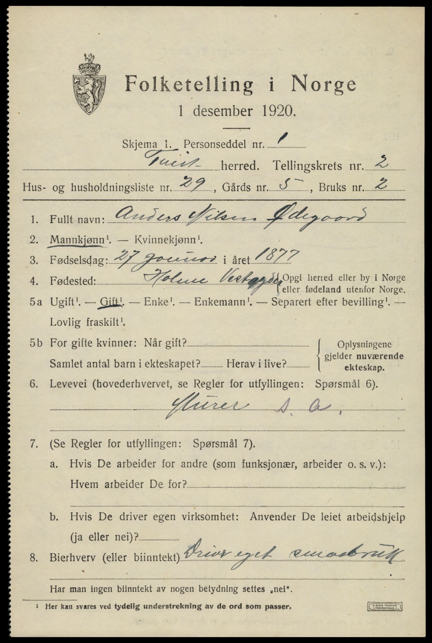 SAK, 1920 census for Tveit, 1920, p. 1470