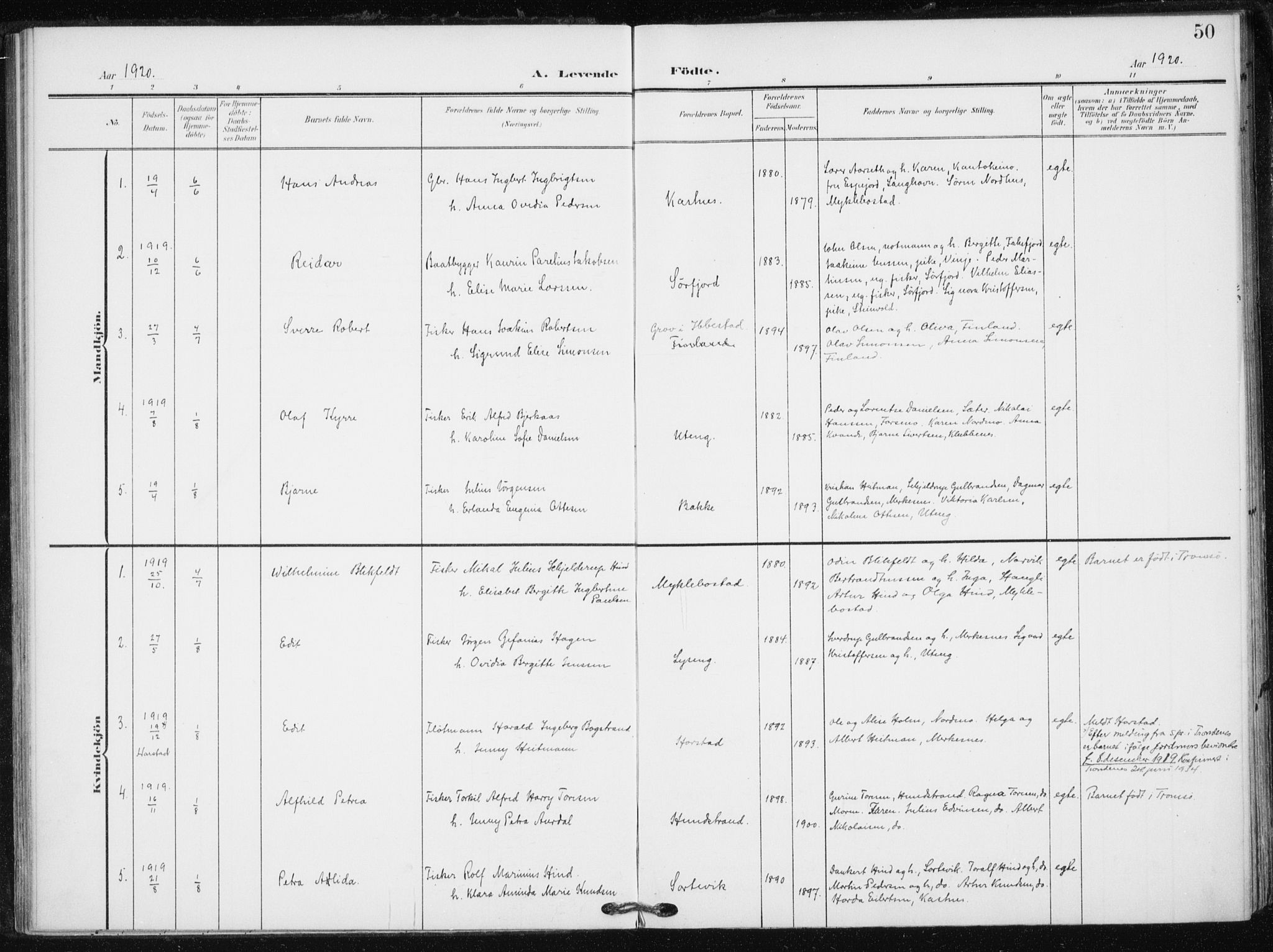 Tranøy sokneprestkontor, AV/SATØ-S-1313/I/Ia/Iaa/L0013kirke: Parish register (official) no. 13, 1905-1922, p. 50