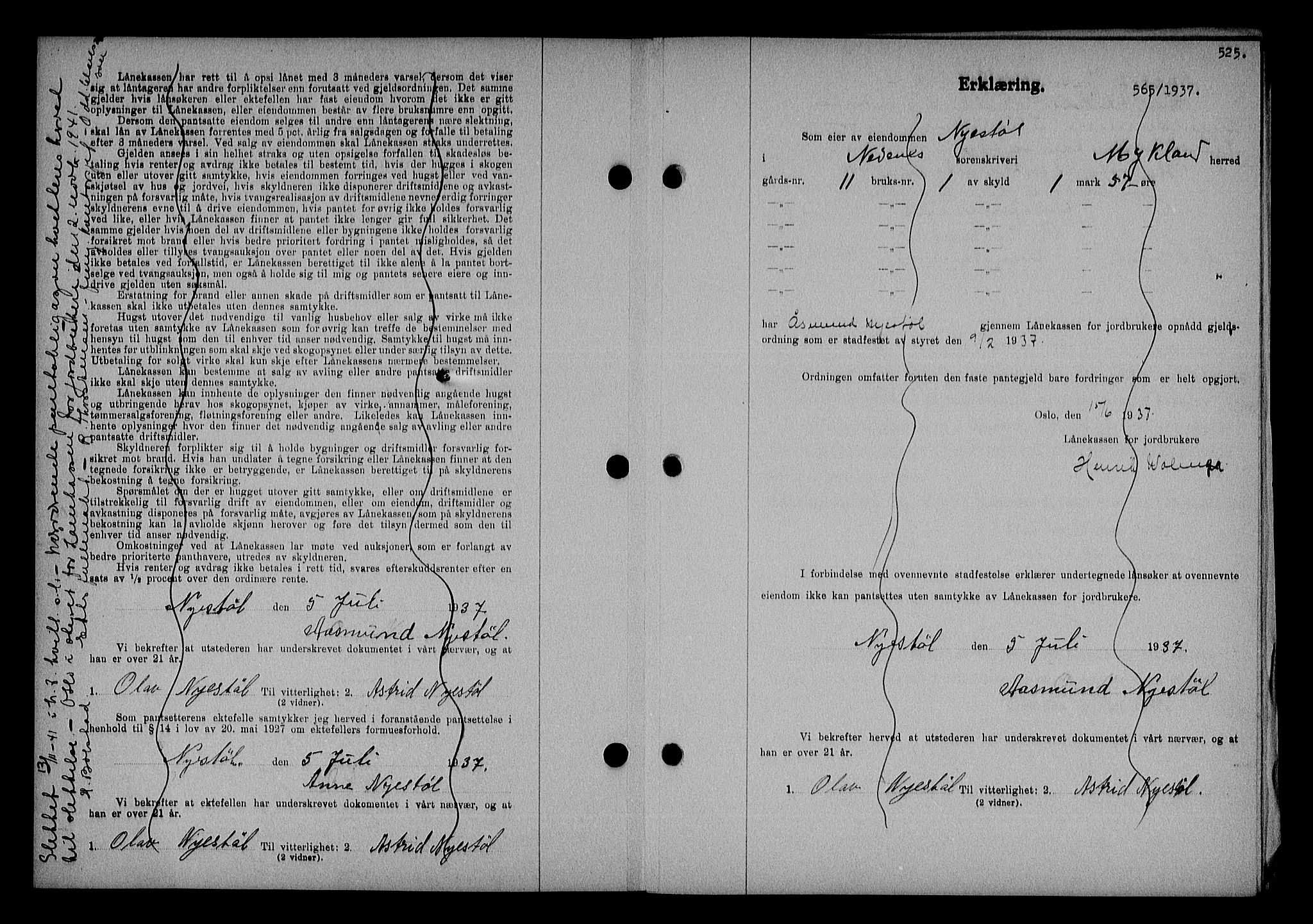 Nedenes sorenskriveri, AV/SAK-1221-0006/G/Gb/Gba/L0043: Mortgage book no. 39, 1936-1937, Diary no: : 565/1937