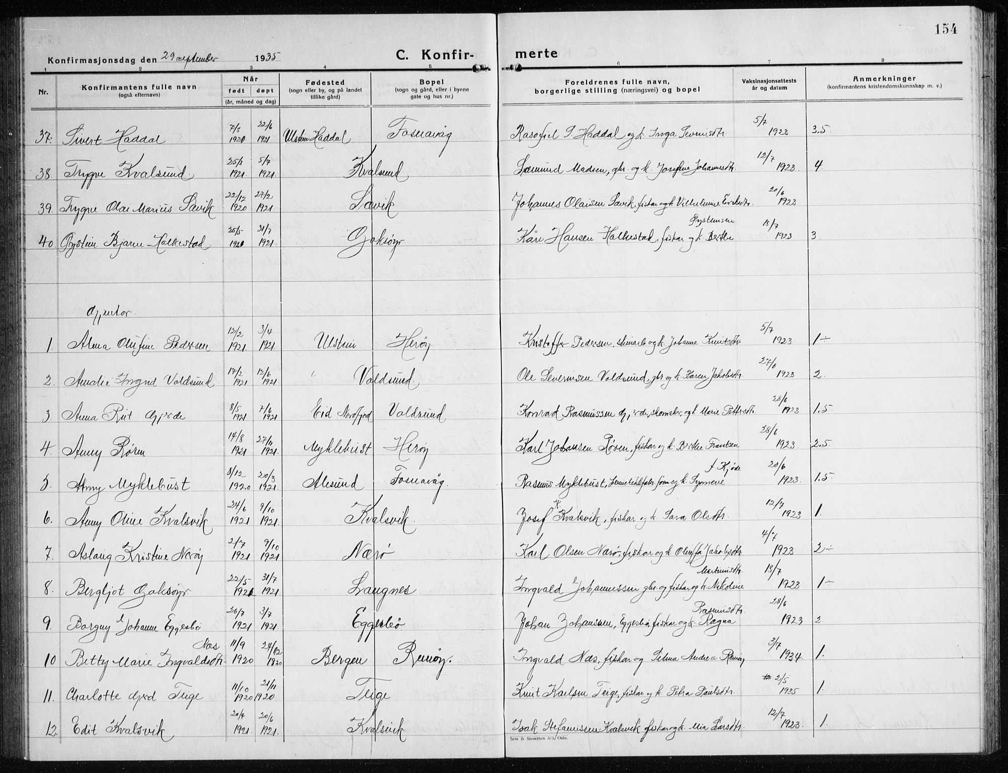 Ministerialprotokoller, klokkerbøker og fødselsregistre - Møre og Romsdal, AV/SAT-A-1454/507/L0085: Parish register (copy) no. 507C08, 1933-1944, p. 154