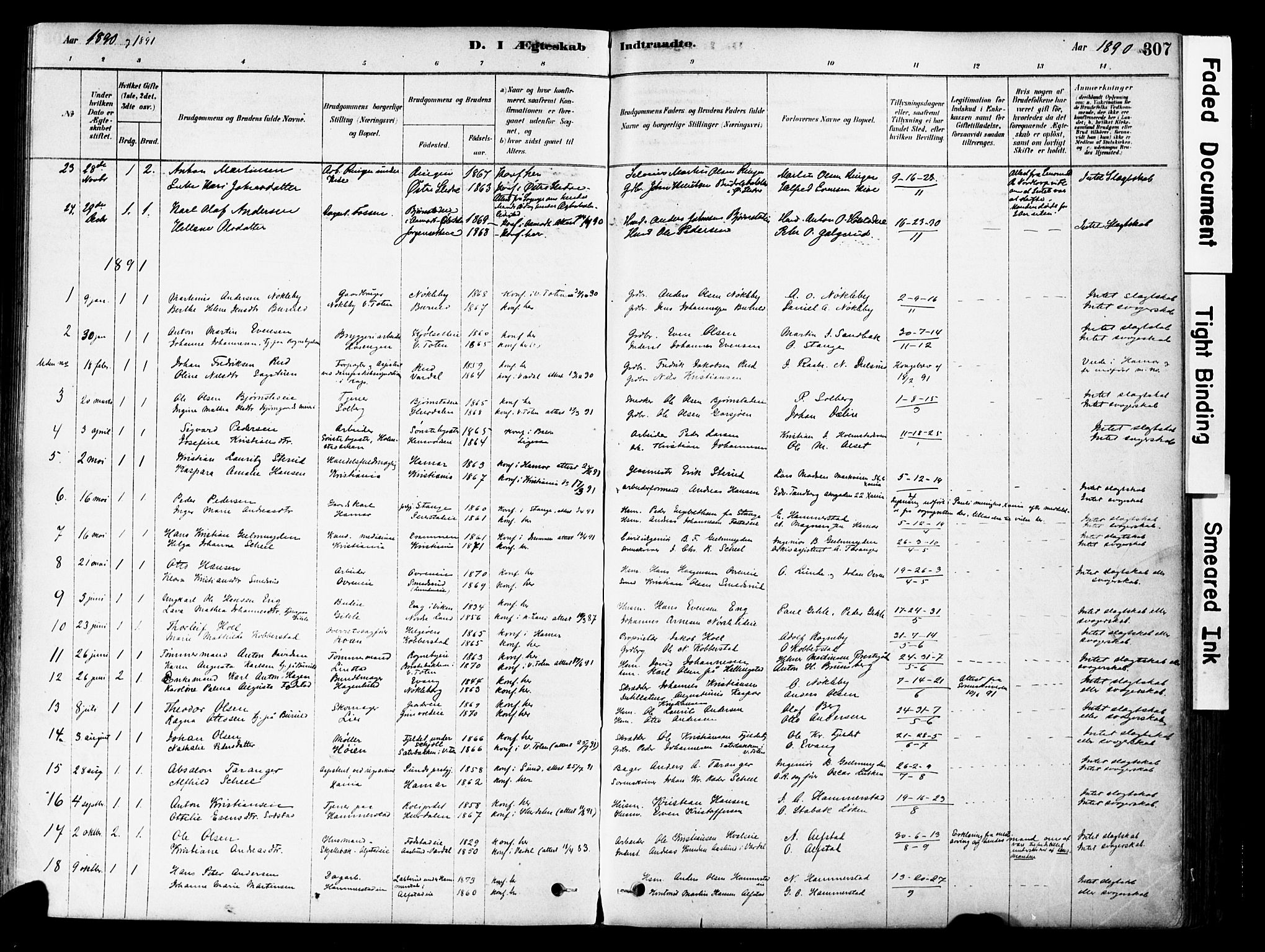 Østre Toten prestekontor, SAH/PREST-104/H/Ha/Haa/L0006: Parish register (official) no. 6 /1, 1878-1896, p. 307