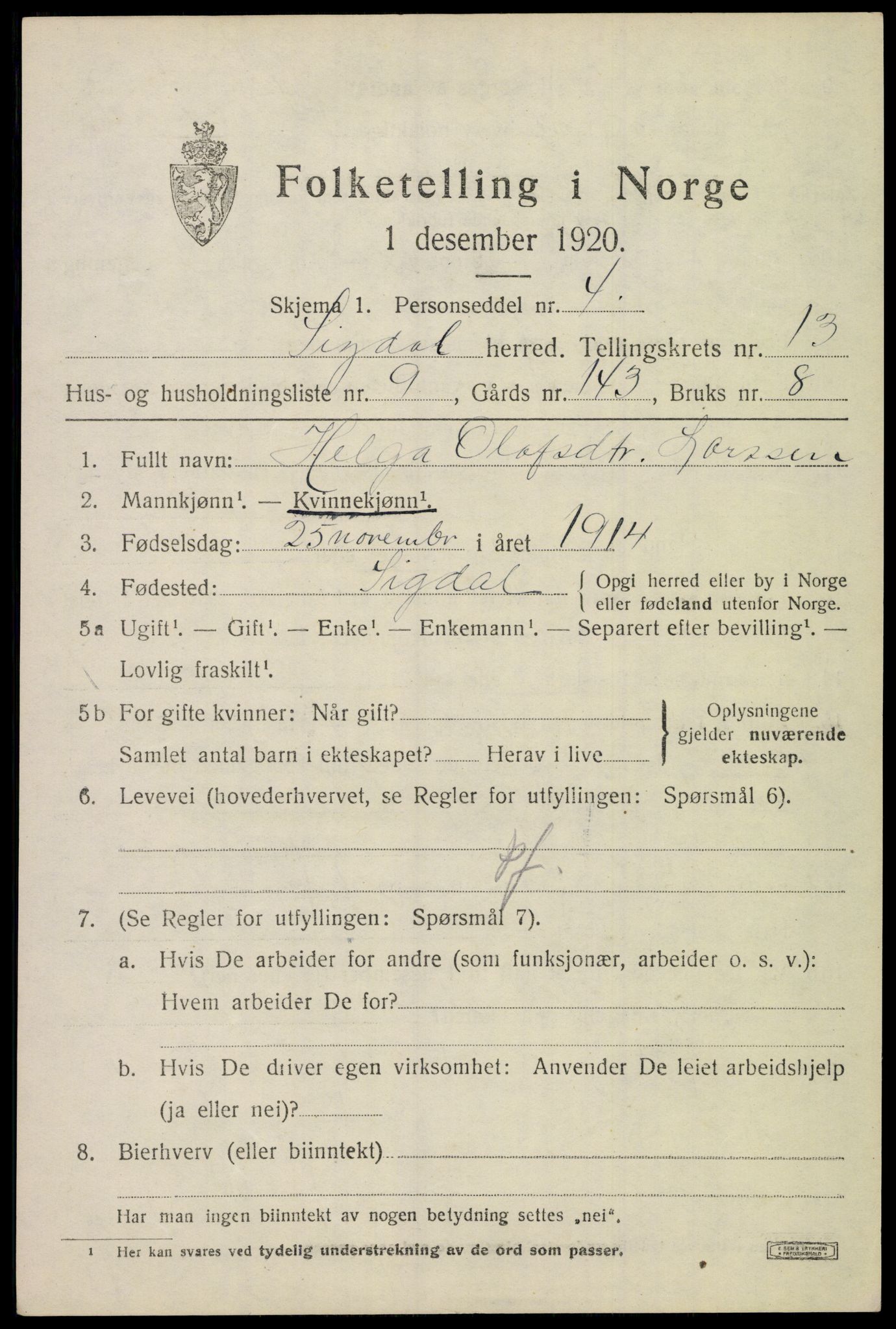 SAKO, 1920 census for Sigdal, 1920, p. 8154