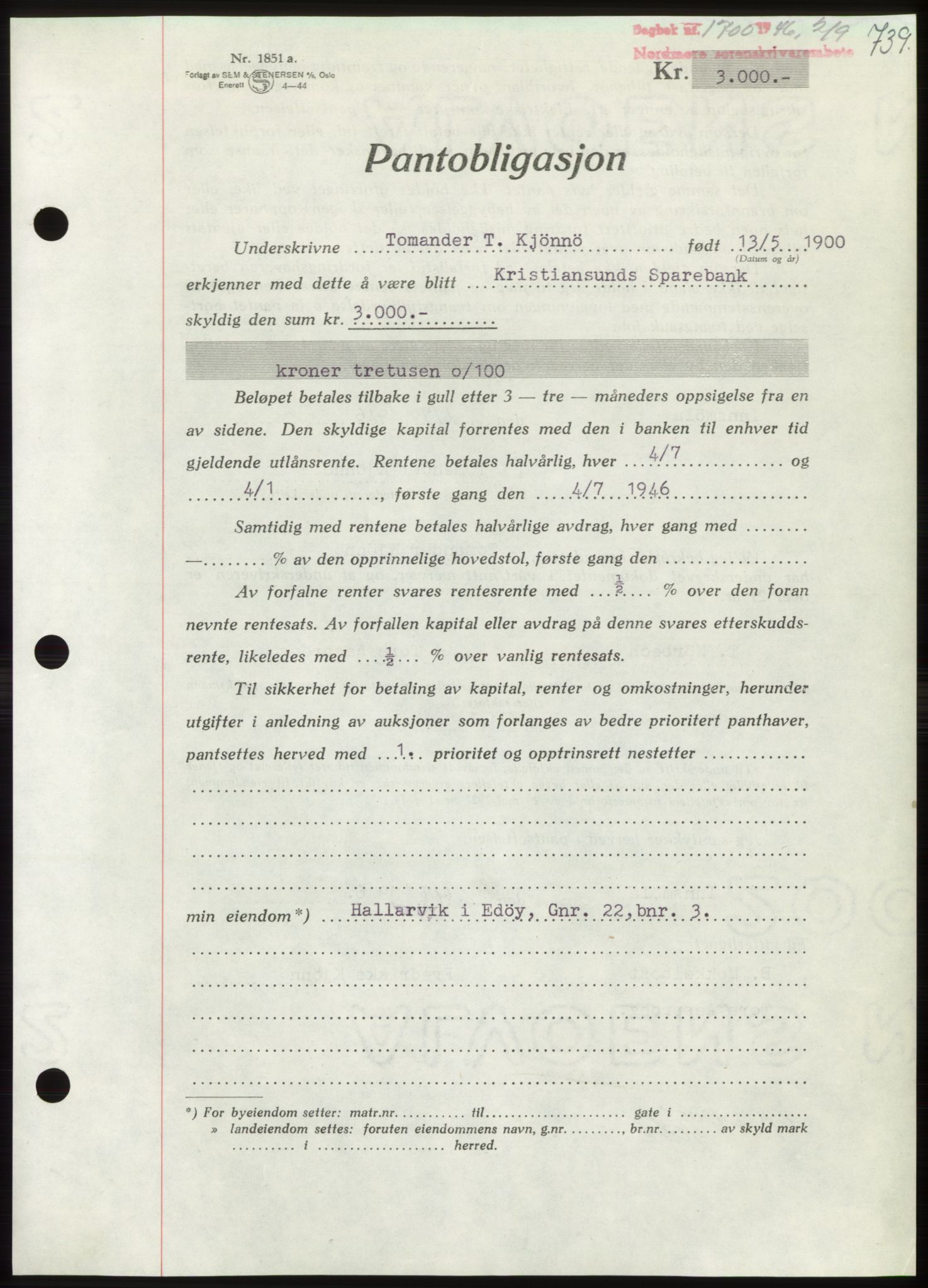 Nordmøre sorenskriveri, AV/SAT-A-4132/1/2/2Ca: Mortgage book no. B94, 1946-1946, Diary no: : 1700/1946