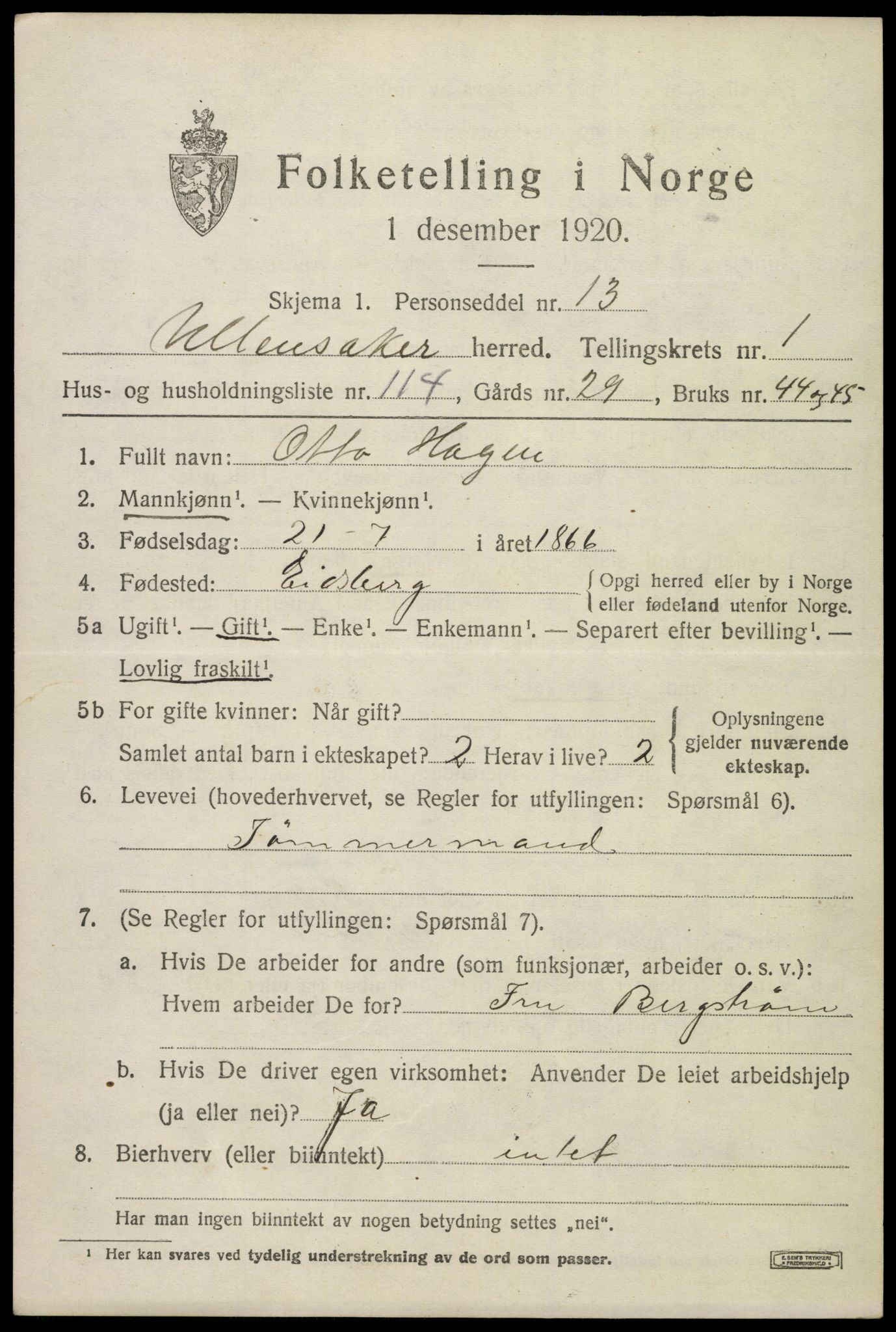 SAO, 1920 census for Ullensaker, 1920, p. 3905
