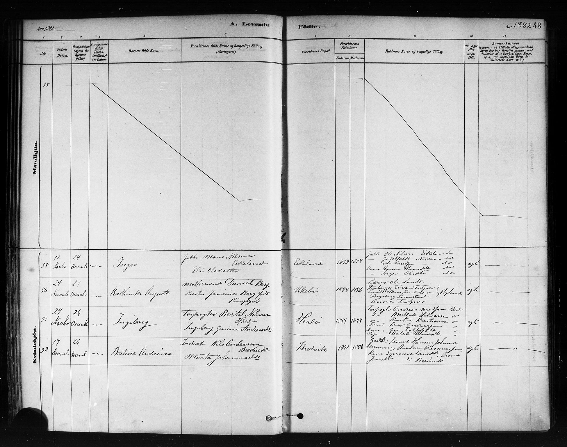 Herdla Sokneprestembete, AV/SAB-A-75701/H/Haa: Parish register (official) no. A 3, 1878-1890, p. 43