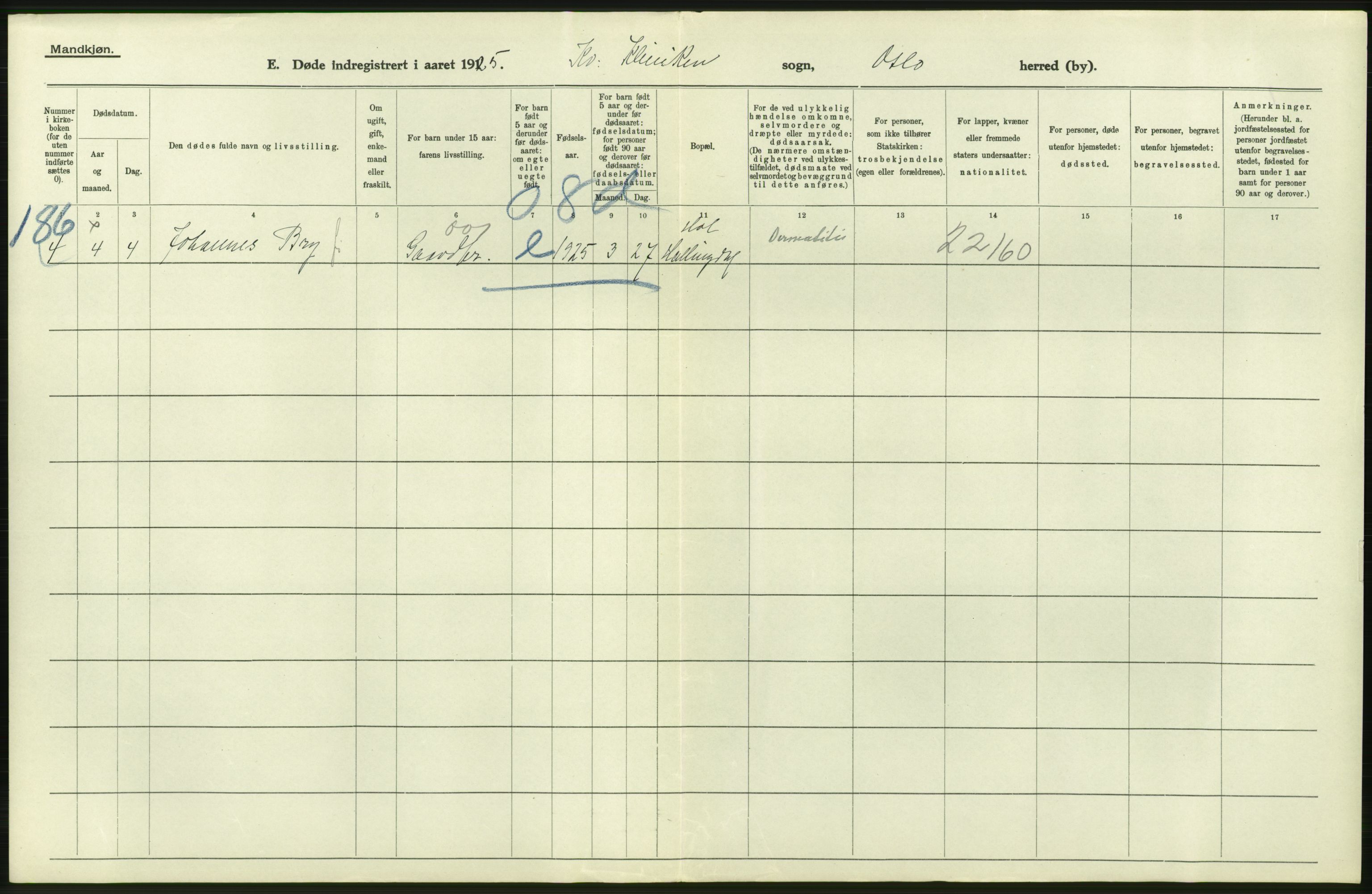 Statistisk sentralbyrå, Sosiodemografiske emner, Befolkning, AV/RA-S-2228/D/Df/Dfc/Dfce/L0009: Oslo: Døde menn, 1925, p. 438