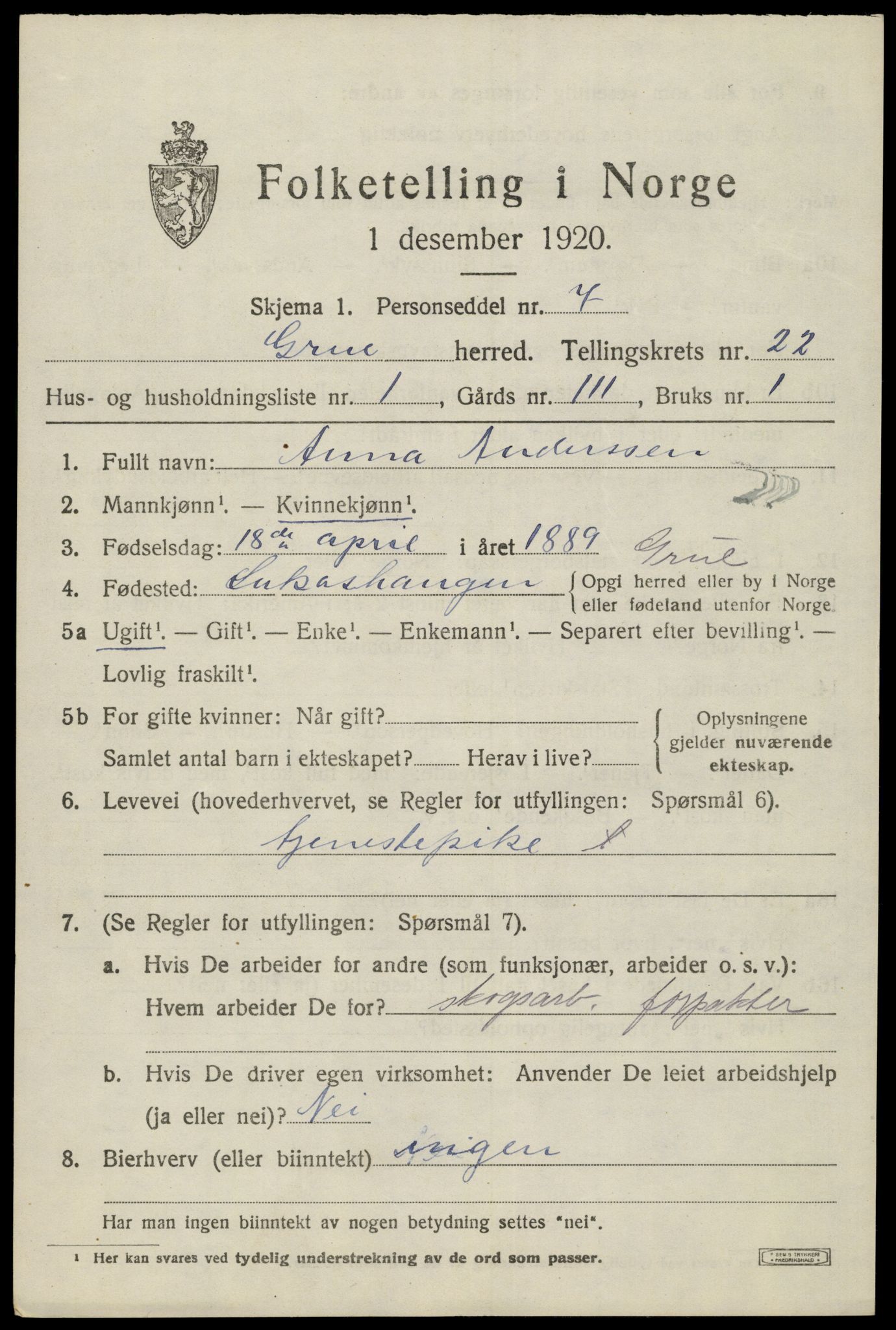 SAH, 1920 census for Grue, 1920, p. 15507