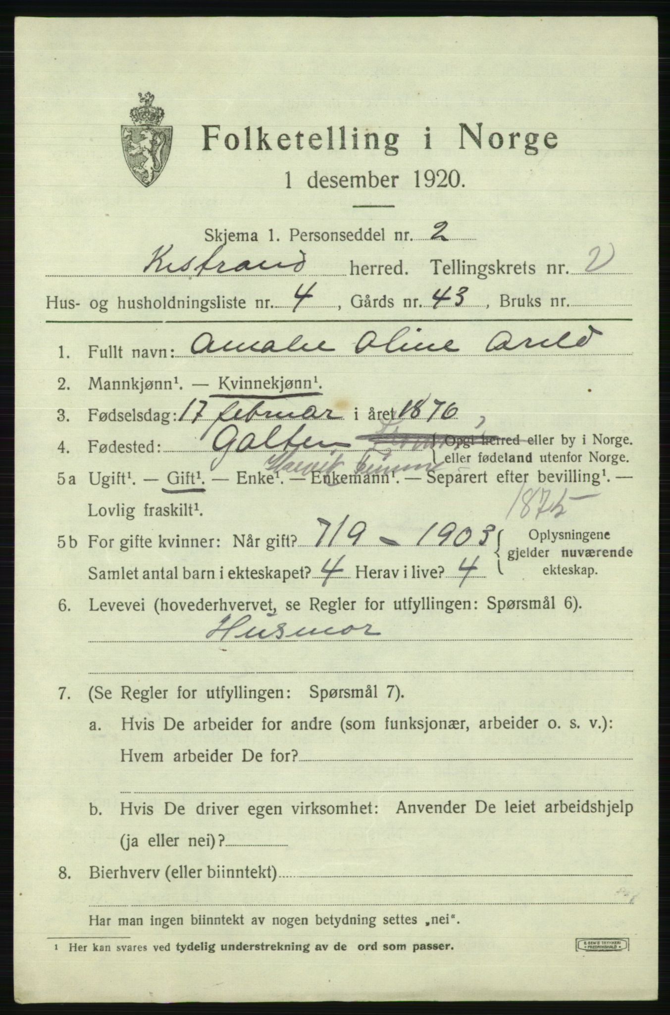 SATØ, 1920 census for Kistrand, 1920, p. 1520