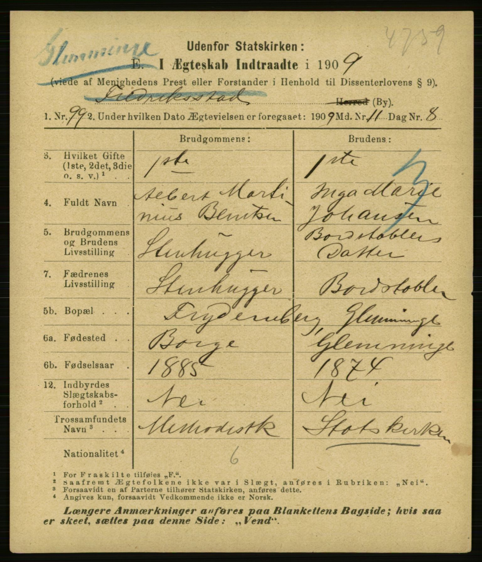 Statistisk sentralbyrå, Sosiodemografiske emner, Befolkning, AV/RA-S-2228/E/L0007: Fødte, gifte, døde dissentere., 1909, p. 1769