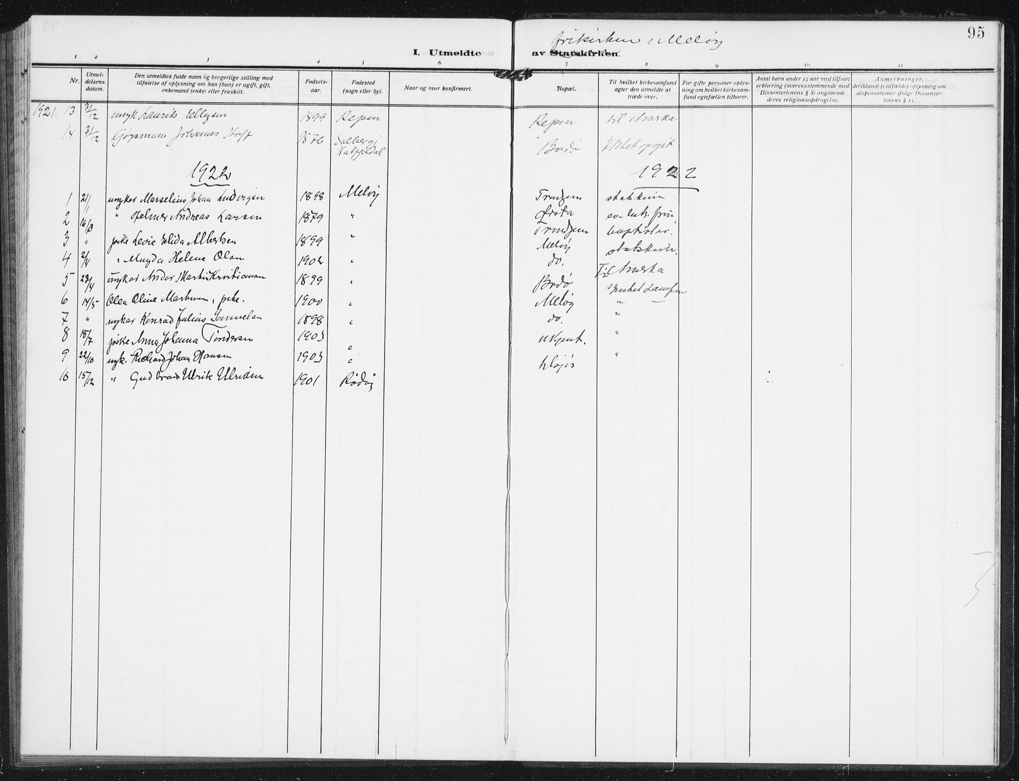 Ministerialprotokoller, klokkerbøker og fødselsregistre - Nordland, SAT/A-1459/843/L0629: Parish register (official) no. 843A04, 1907-1925, p. 95