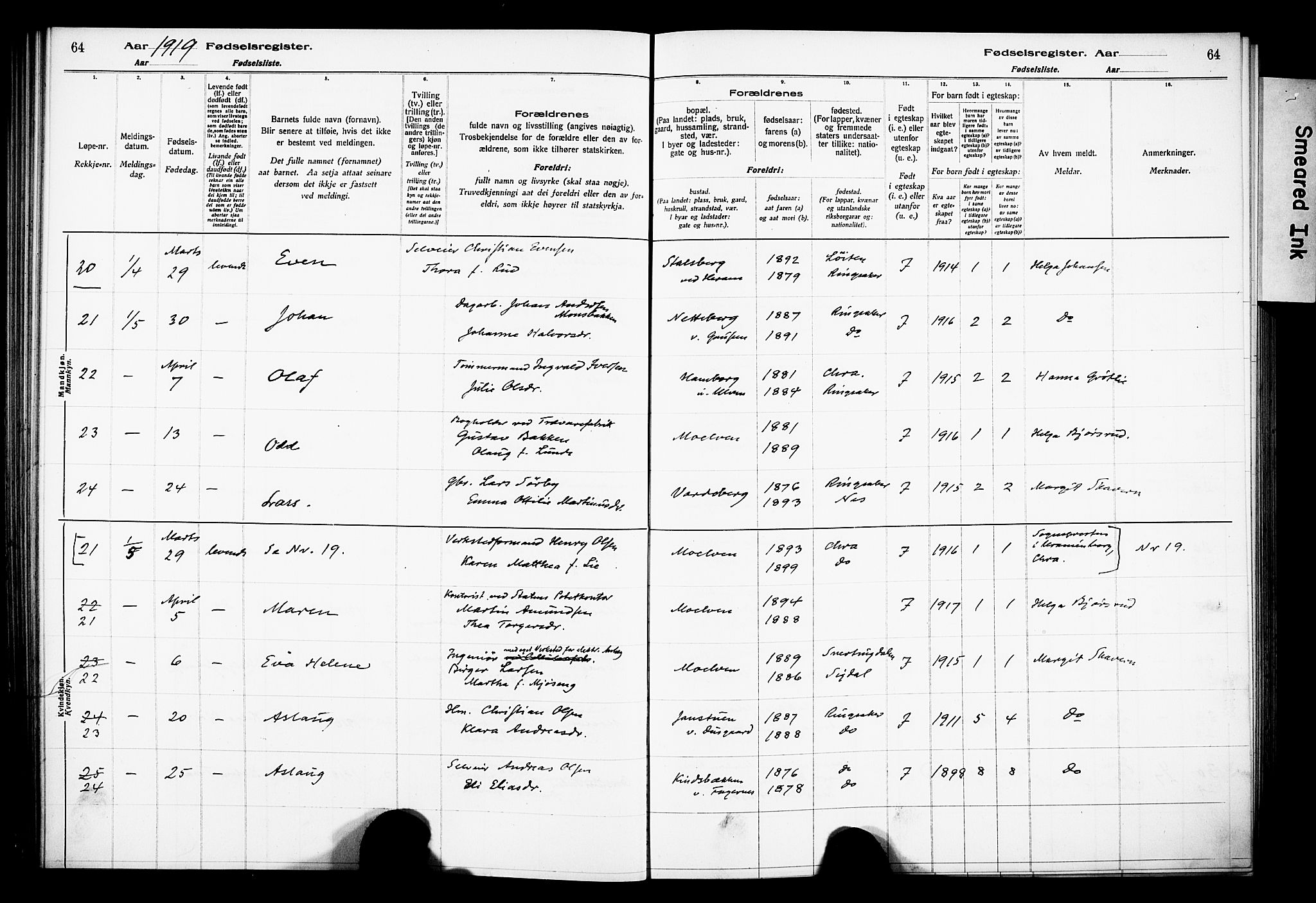 Ringsaker prestekontor, AV/SAH-PREST-014/O/Oa/L0001: Birth register no. 1, 1916-1925, p. 64