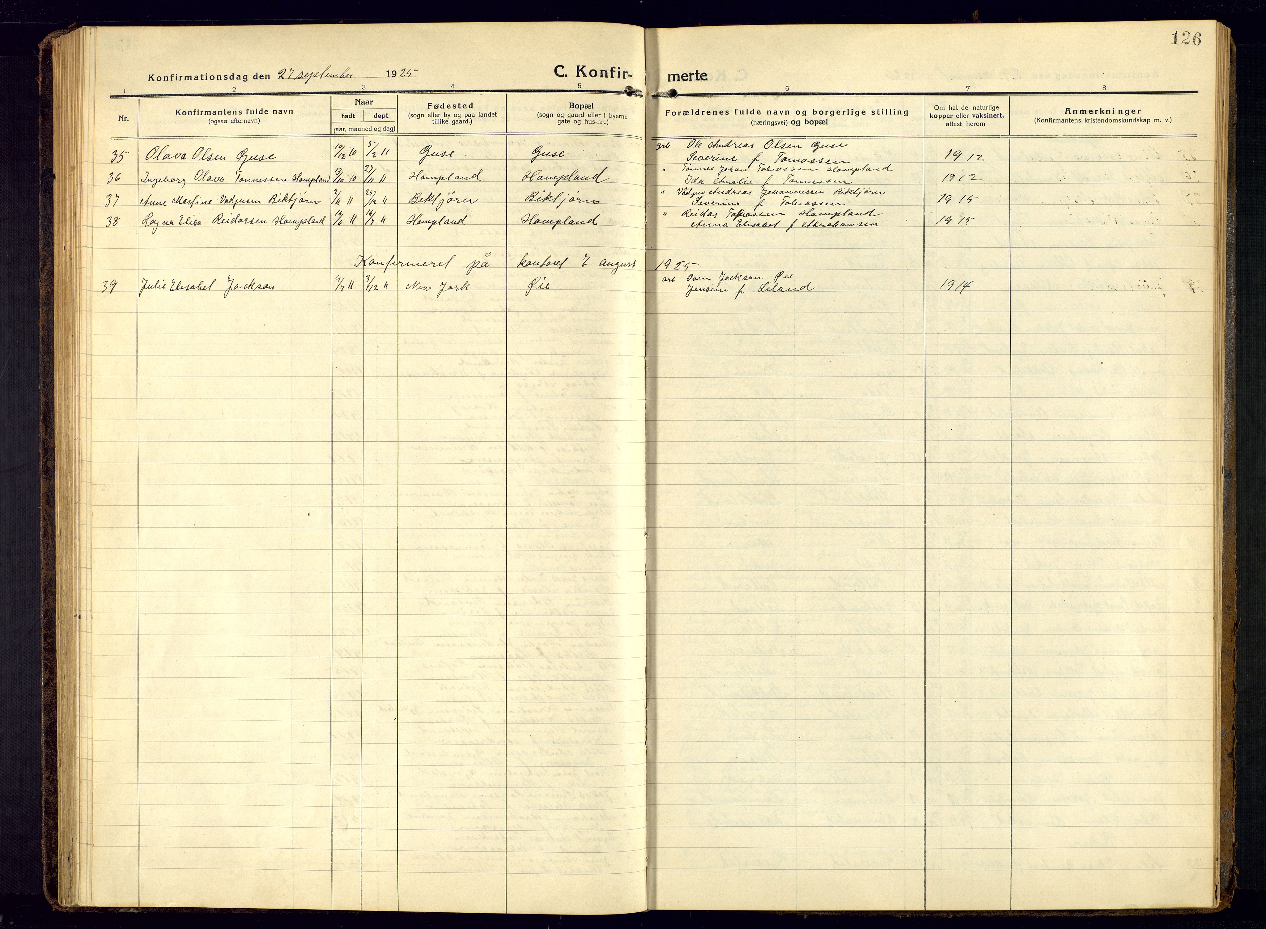 Kvinesdal sokneprestkontor, AV/SAK-1111-0026/F/Fb/Fbb/L0004: Parish register (copy) no. B 4, 1917-1938, p. 126