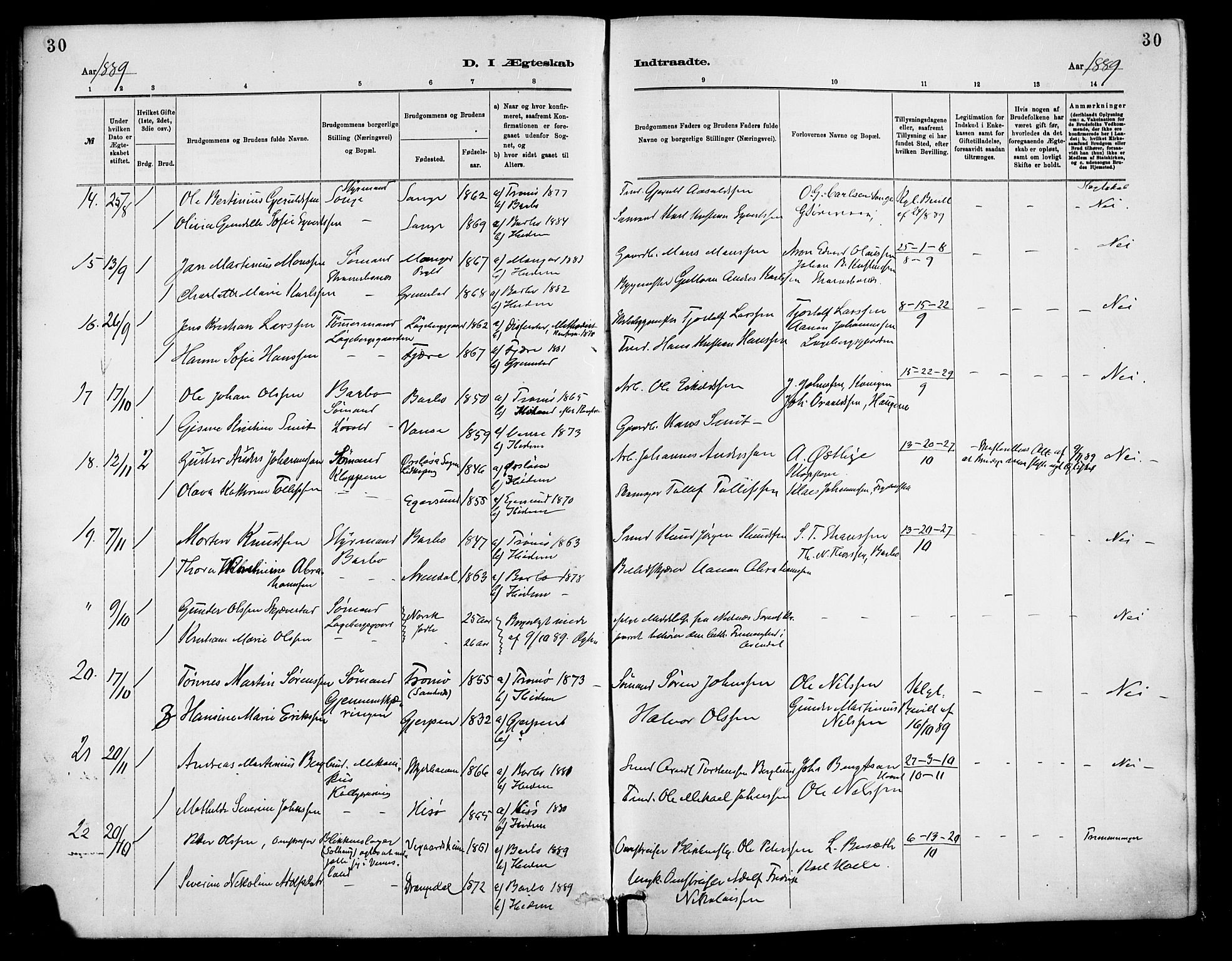 Barbu sokneprestkontor, AV/SAK-1111-0003/F/Fa/L0003: Parish register (official) no. A 3, 1883-1898, p. 30