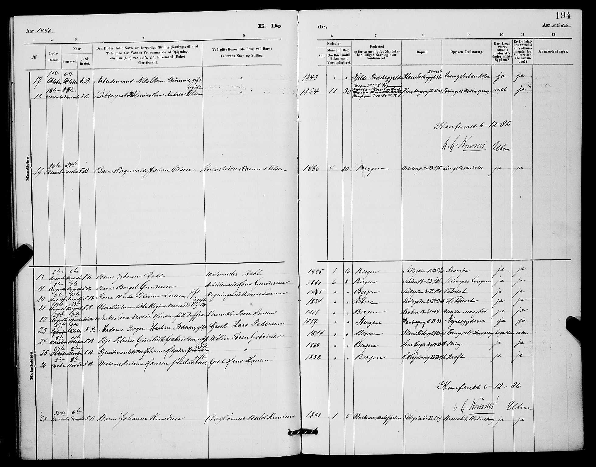 Mariakirken Sokneprestembete, AV/SAB-A-76901/H/Hab/L0004: Parish register (copy) no. A 4, 1878-1892, p. 194