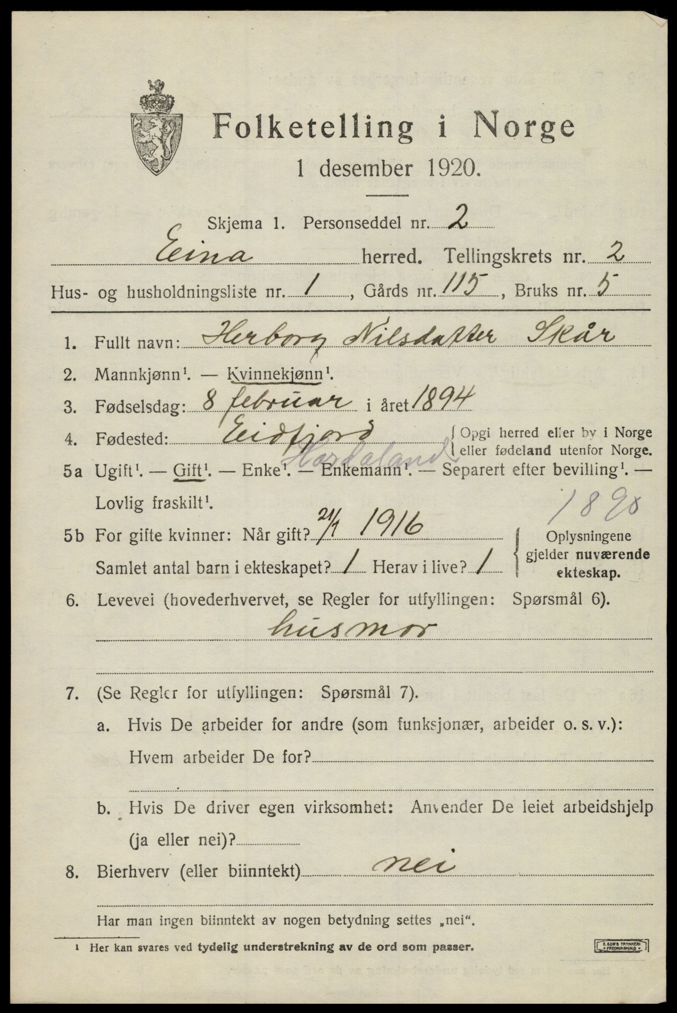 SAH, 1920 census for Eina, 1920, p. 1768