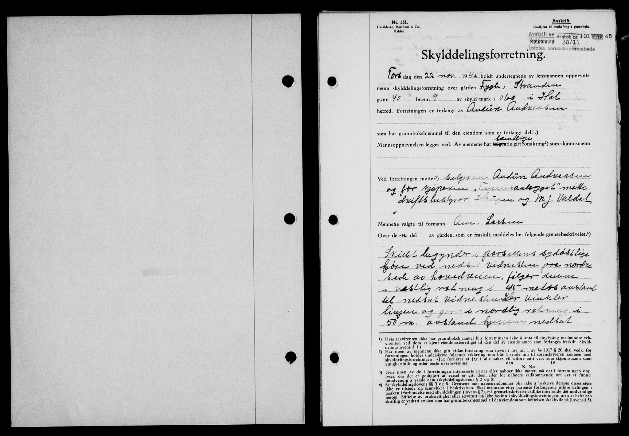 Lofoten sorenskriveri, SAT/A-0017/1/2/2C/L0013a: Mortgage book no. 13a, 1944-1946, Diary no: : 1017/1945