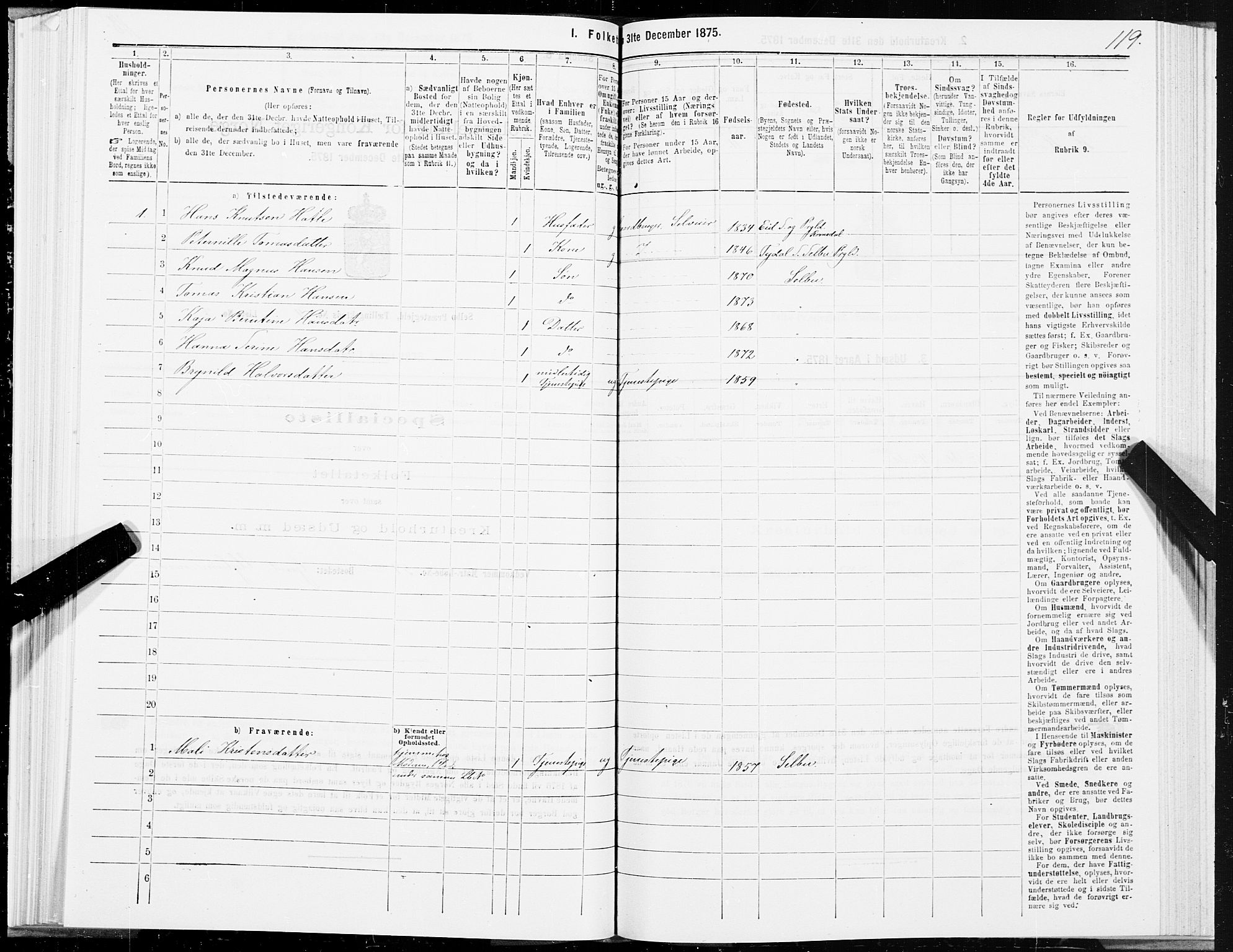 SAT, 1875 census for 1664P Selbu, 1875, p. 2119