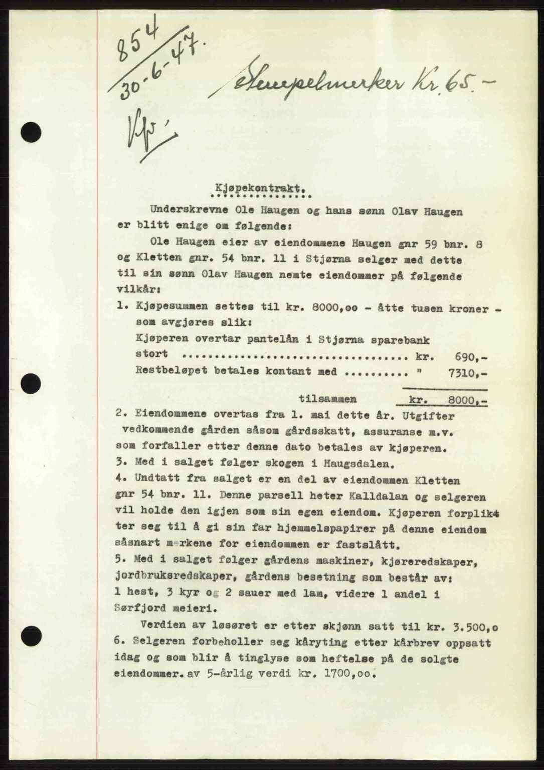Fosen sorenskriveri, AV/SAT-A-1107/1/2/2C: Mortgage book no. A4-6, 1946-1947, Diary no: : 854/1947