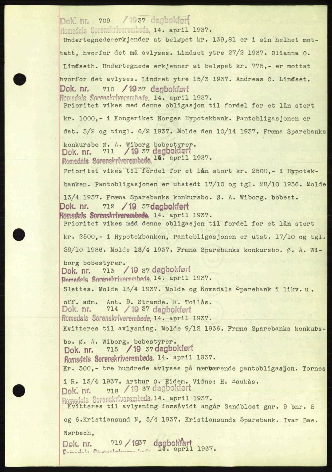 Romsdal sorenskriveri, AV/SAT-A-4149/1/2/2C: Mortgage book no. C1a, 1936-1945, Diary no: : 709/1937