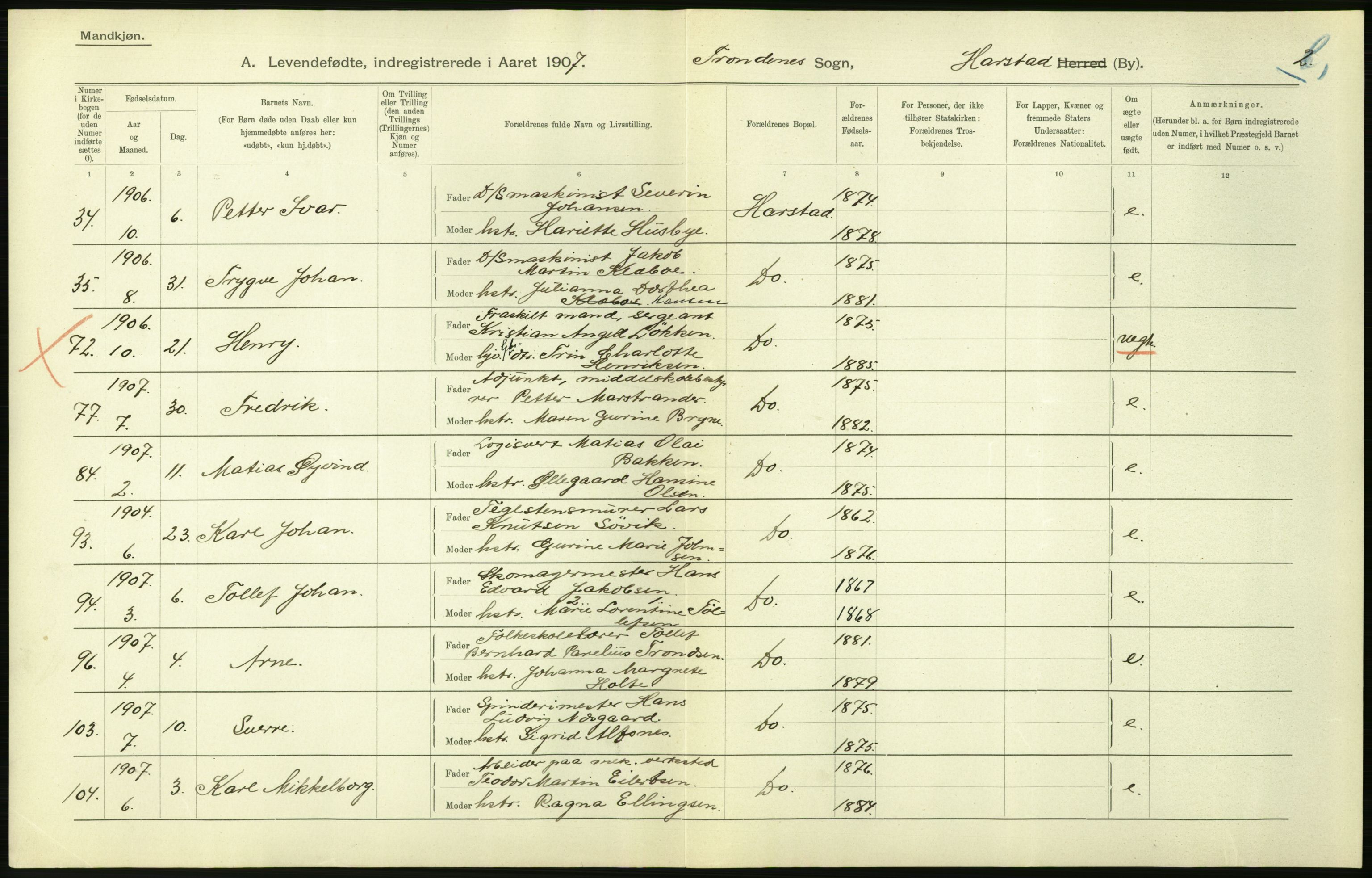 Statistisk sentralbyrå, Sosiodemografiske emner, Befolkning, AV/RA-S-2228/D/Df/Dfa/Dfae/L0046: Tromsø amt: Levendefødte menn og kvinner. Bygder og byer., 1907, p. 492