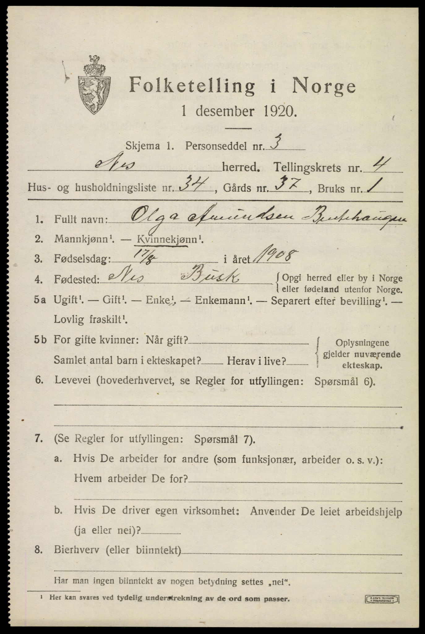 SAKO, 1920 census for Nes (Buskerud), 1920, p. 2396