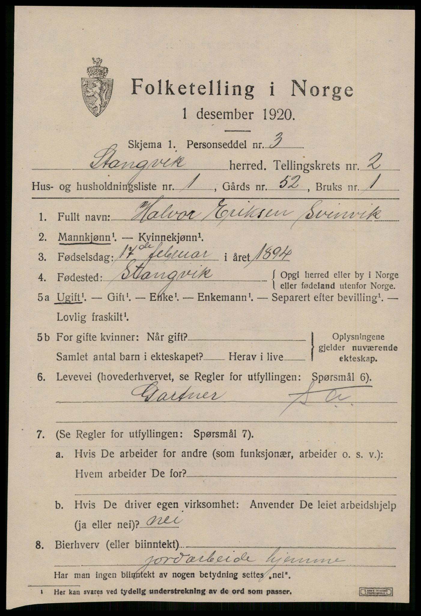 SAT, 1920 census for Stangvik, 1920, p. 1424