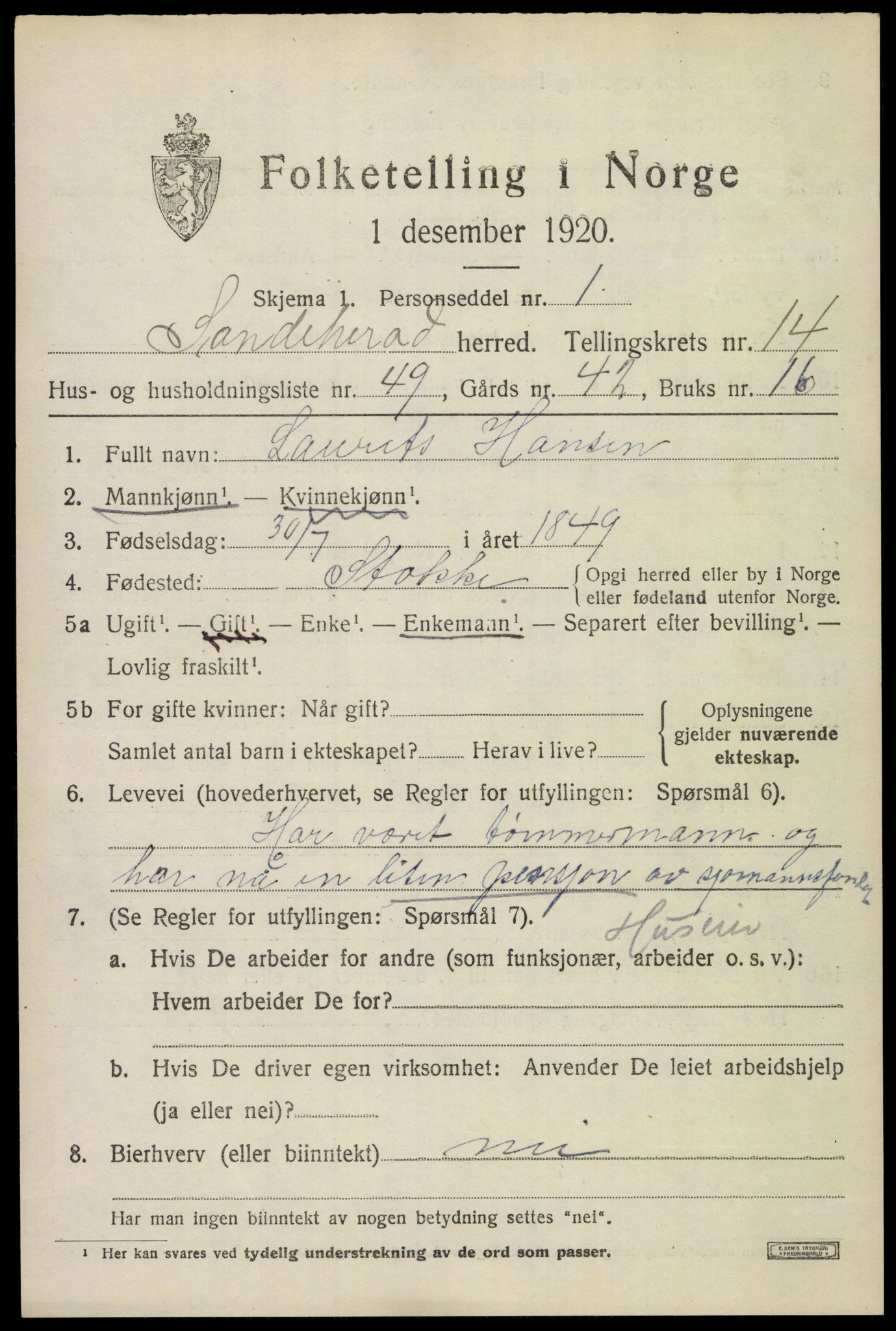 SAKO, 1920 census for Sandeherred, 1920, p. 20876