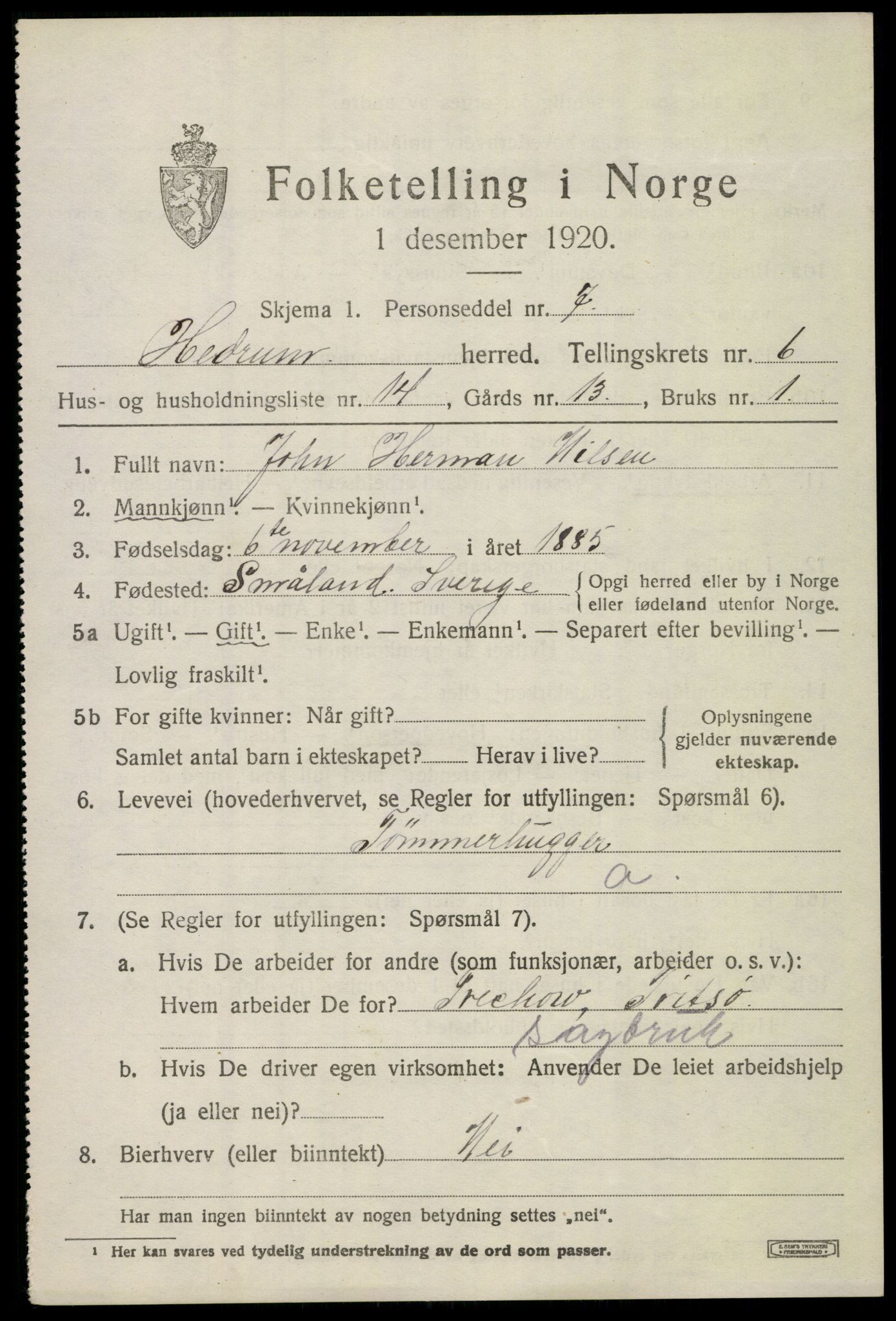 SAKO, 1920 census for Hedrum, 1920, p. 5695