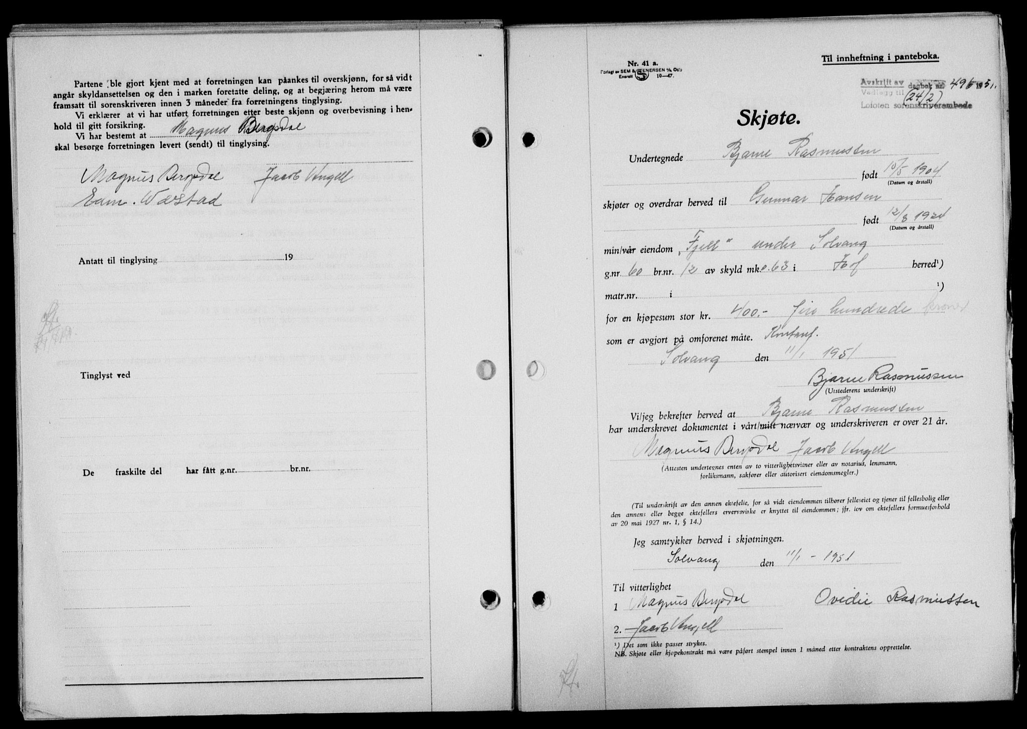 Lofoten sorenskriveri, SAT/A-0017/1/2/2C/L0025a: Mortgage book no. 25a, 1950-1951, Diary no: : 496/1951