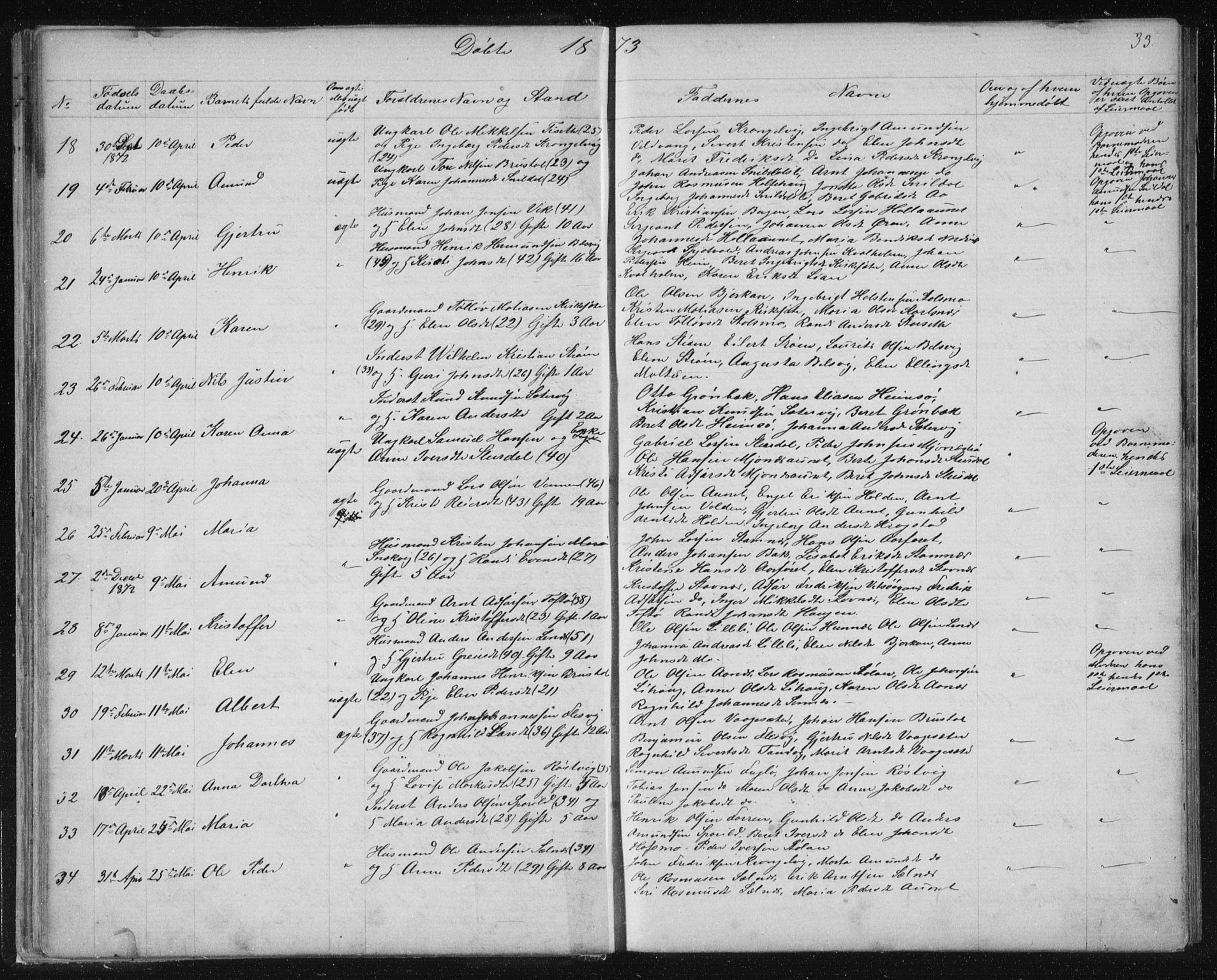 Ministerialprotokoller, klokkerbøker og fødselsregistre - Sør-Trøndelag, AV/SAT-A-1456/630/L0503: Parish register (copy) no. 630C01, 1869-1878, p. 33