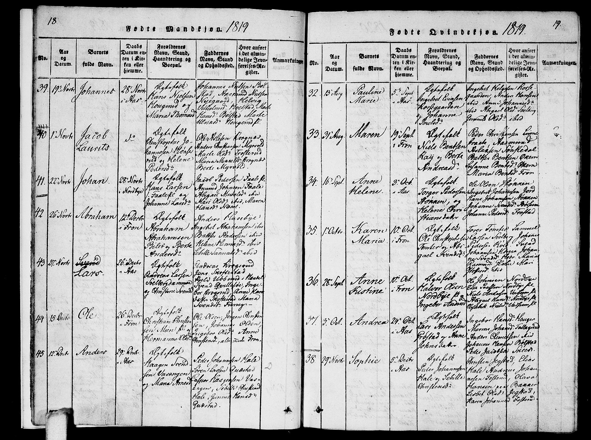 Ås prestekontor Kirkebøker, AV/SAO-A-10894/F/Fa/L0004: Parish register (official) no. I 4, 1818-1826, p. 18-19