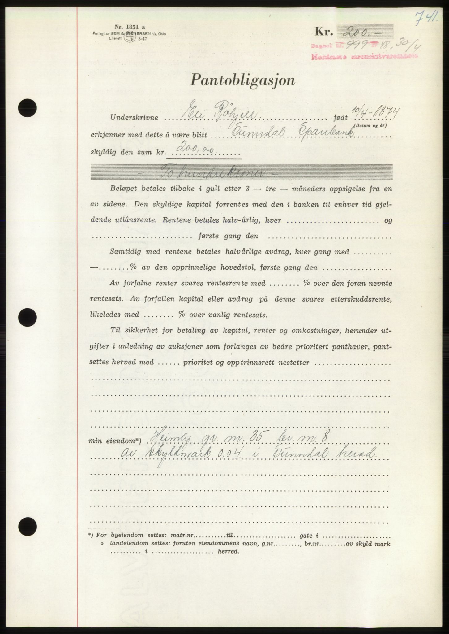 Nordmøre sorenskriveri, AV/SAT-A-4132/1/2/2Ca: Mortgage book no. B98, 1948-1948, Diary no: : 999/1948