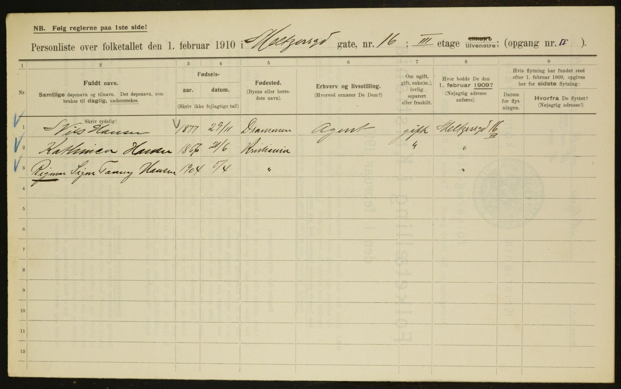 OBA, Municipal Census 1910 for Kristiania, 1910, p. 63204