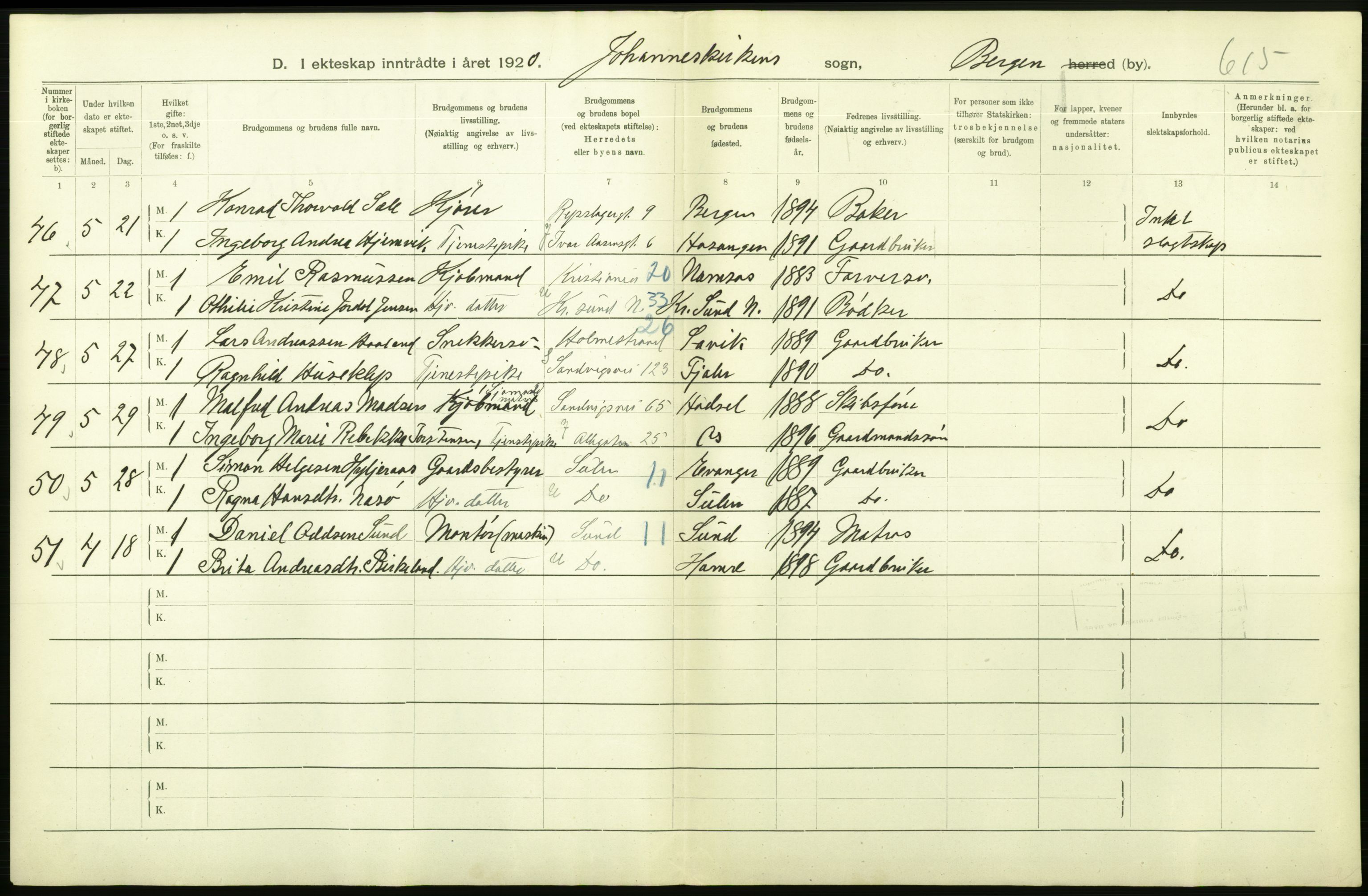 Statistisk sentralbyrå, Sosiodemografiske emner, Befolkning, AV/RA-S-2228/D/Df/Dfb/Dfbj/L0042: Bergen: Gifte, døde, dødfødte., 1920, p. 174