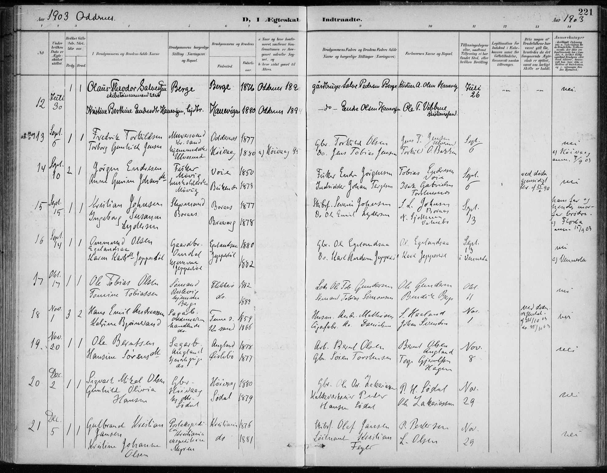 Oddernes sokneprestkontor, AV/SAK-1111-0033/F/Fa/Faa/L0010: Parish register (official) no. A 10, 1897-1911, p. 221