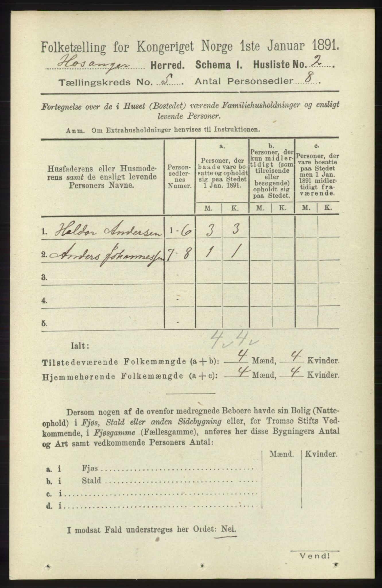 RA, 1891 census for 1253 Hosanger, 1891, p. 1741