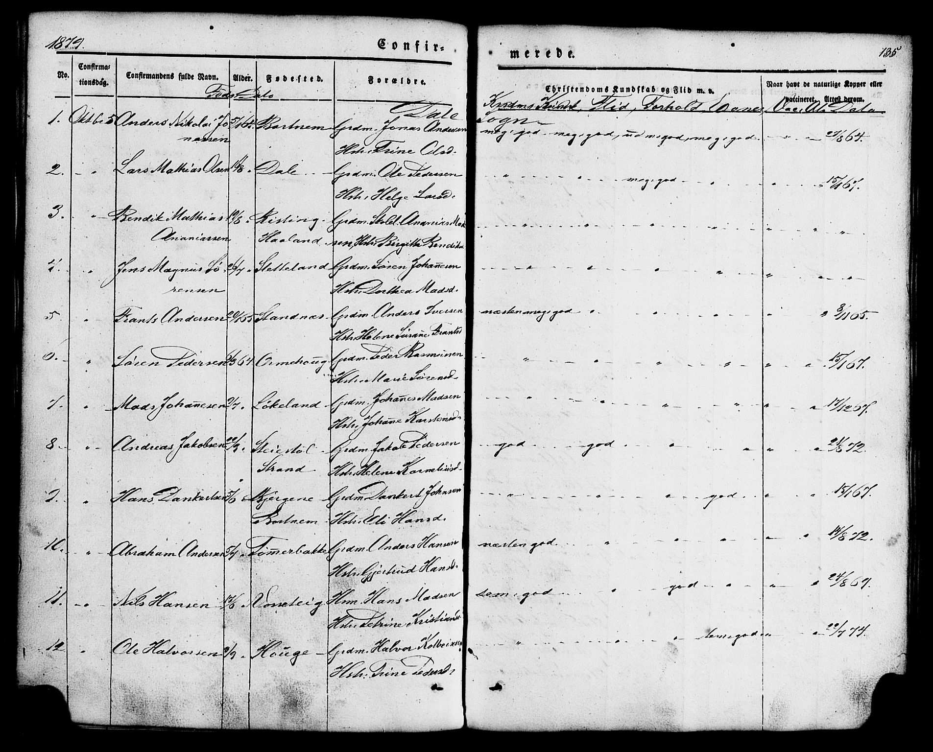 Fjaler sokneprestembete, AV/SAB-A-79801/H/Haa/Haaa/L0008: Parish register (official) no. A 8, 1850-1886, p. 135