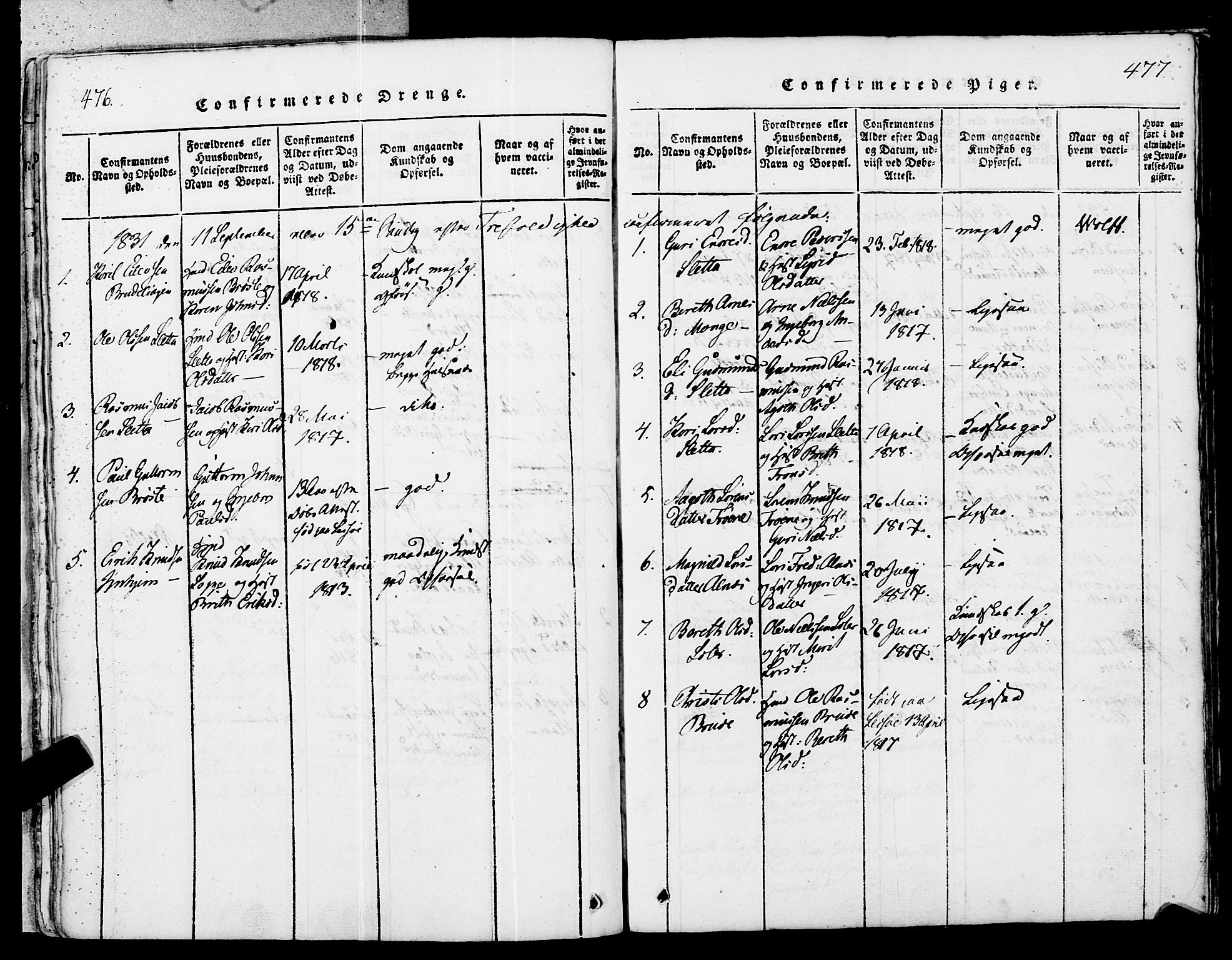 Ministerialprotokoller, klokkerbøker og fødselsregistre - Møre og Romsdal, SAT/A-1454/546/L0593: Parish register (official) no. 546A01, 1818-1853, p. 476-477