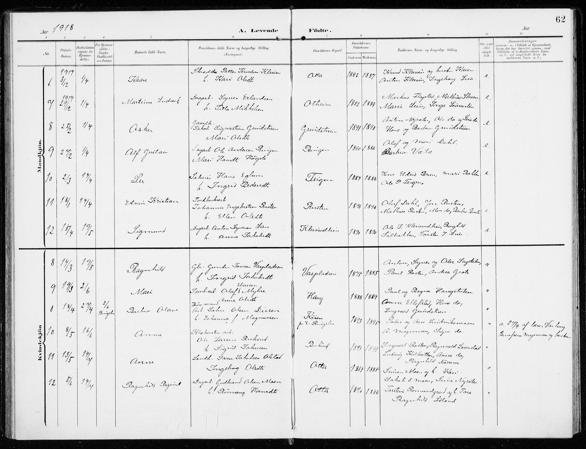 Sel prestekontor, SAH/PREST-074/H/Ha/Haa/L0002: Parish register (official) no. 2, 1905-1919, p. 62