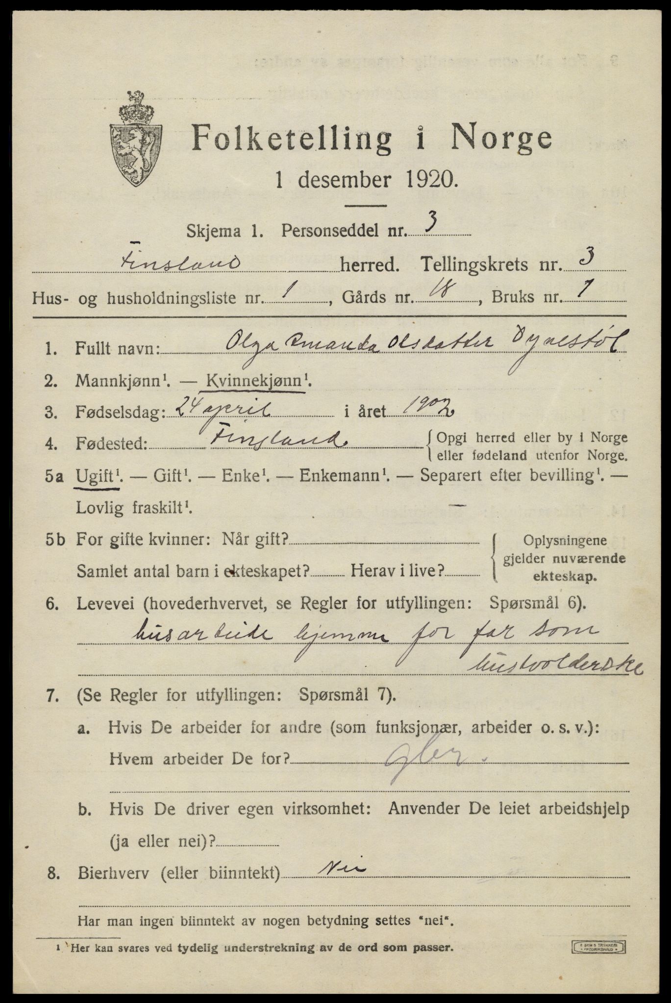 SAK, 1920 census for Finsland, 1920, p. 1186