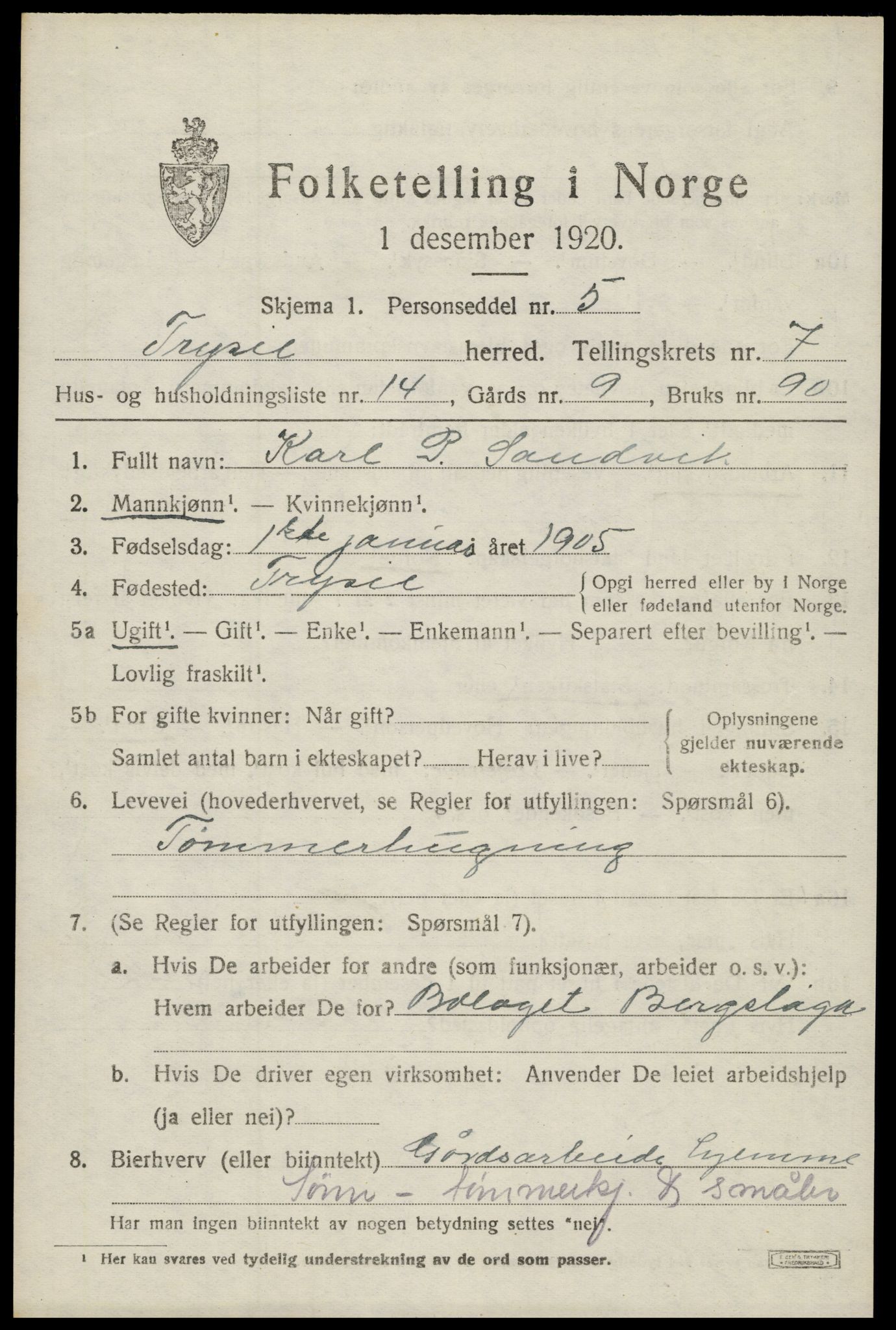 SAH, 1920 census for Trysil, 1920, p. 5373