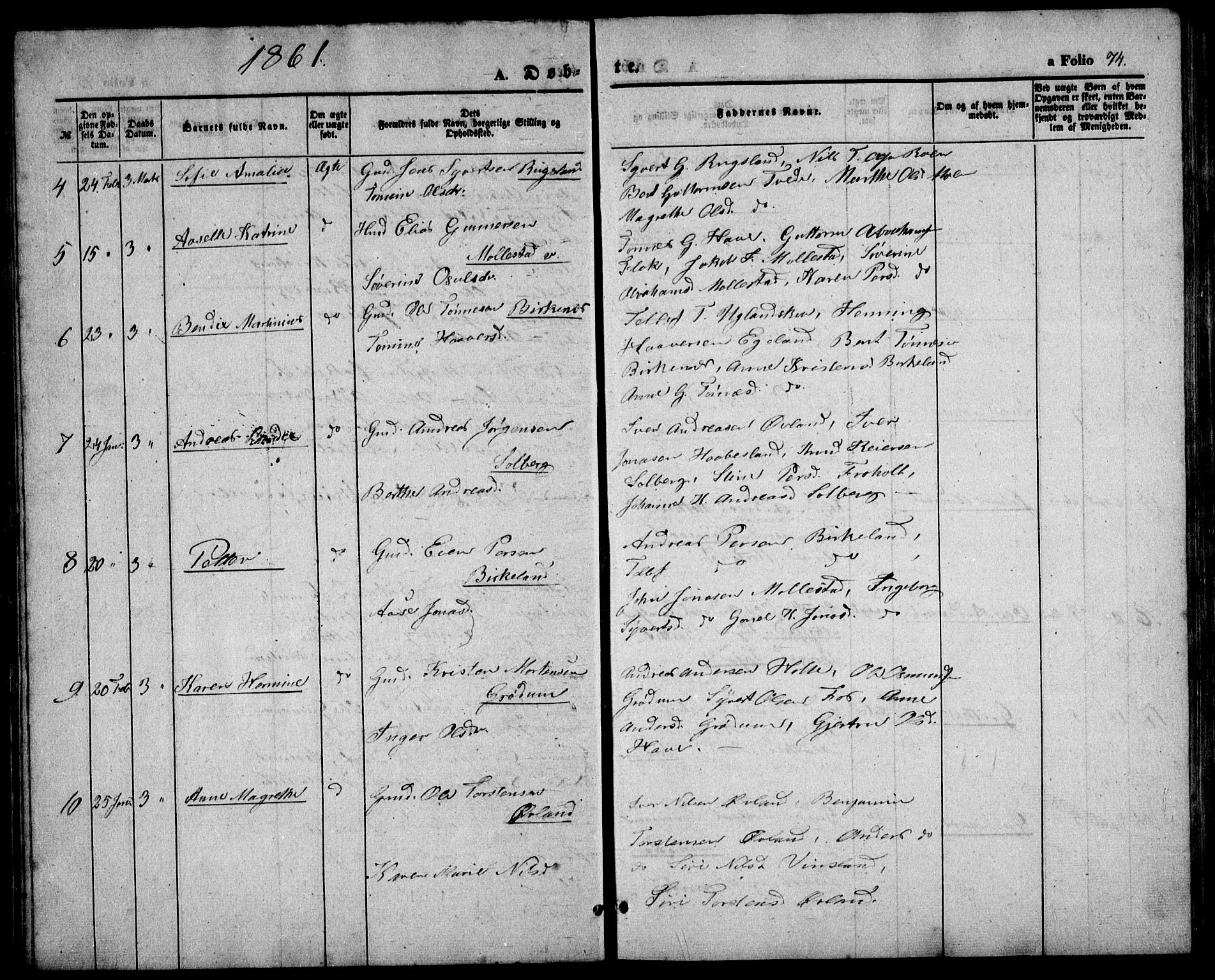 Birkenes sokneprestkontor, AV/SAK-1111-0004/F/Fb/L0002: Parish register (copy) no. B 2, 1849-1876, p. 74