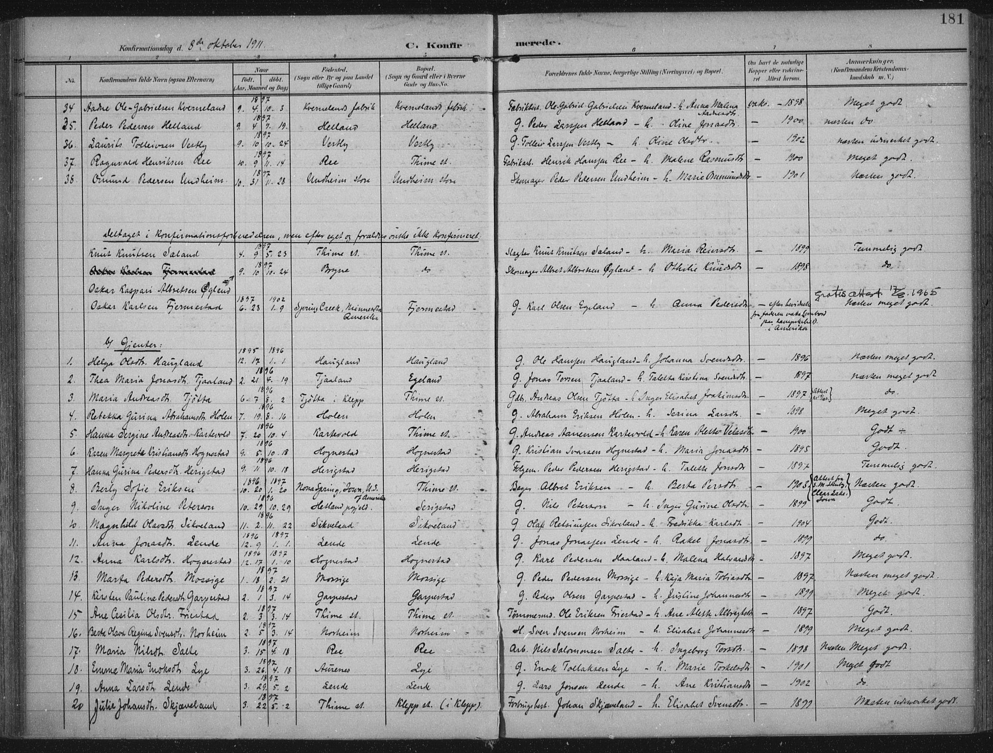 Lye sokneprestkontor, AV/SAST-A-101794/002/A/L0001: Parish register (official) no. A 12, 1904-1920, p. 181