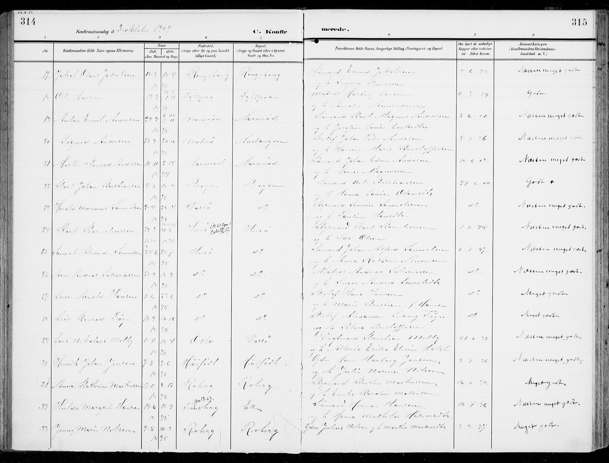 Sem kirkebøker, SAKO/A-5/F/Fb/L0006: Parish register (official) no. II 6, 1905-1918, p. 314-315
