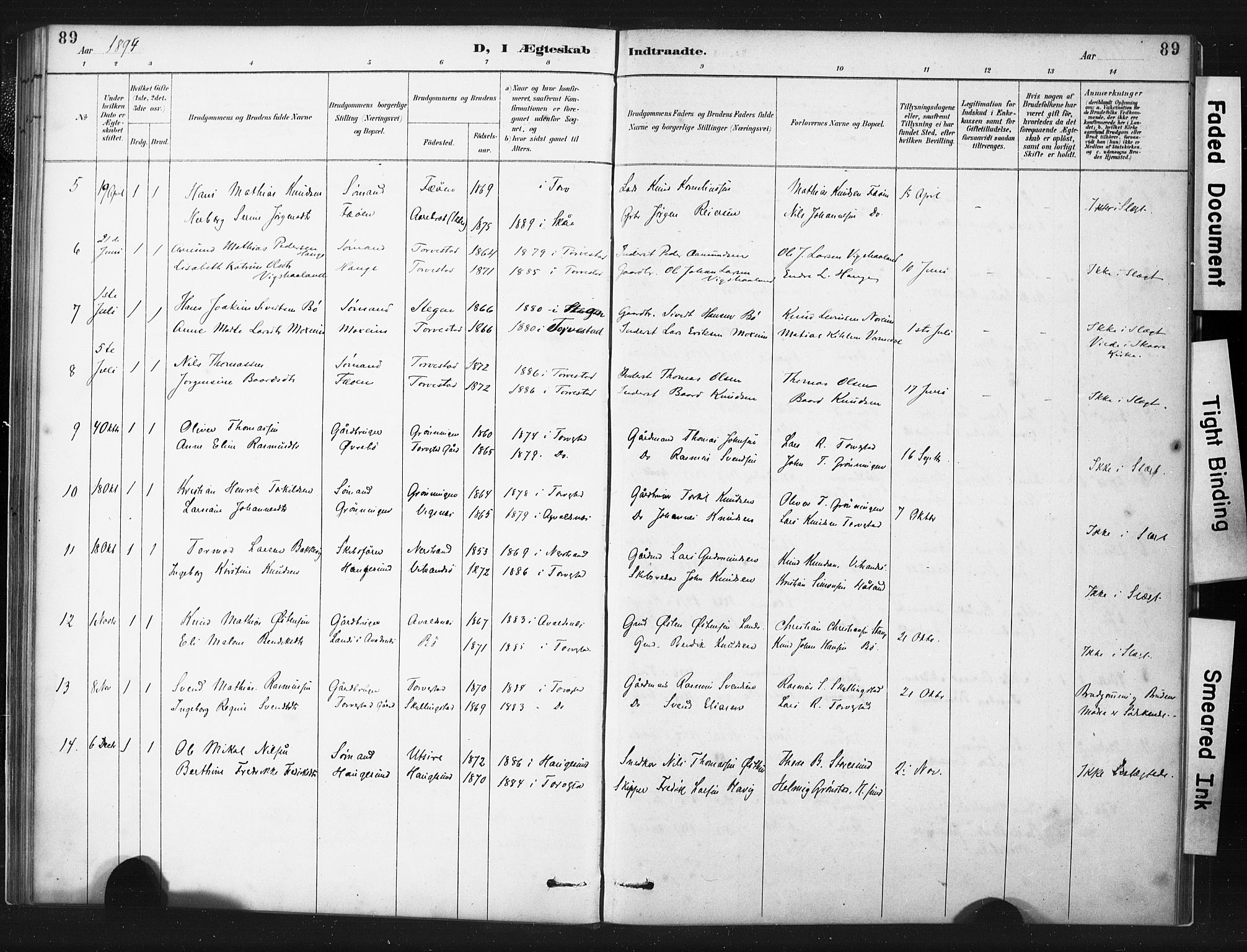 Torvastad sokneprestkontor, SAST/A -101857/H/Ha/Haa/L0015: Parish register (official) no. A 14, 1888-1899, p. 89